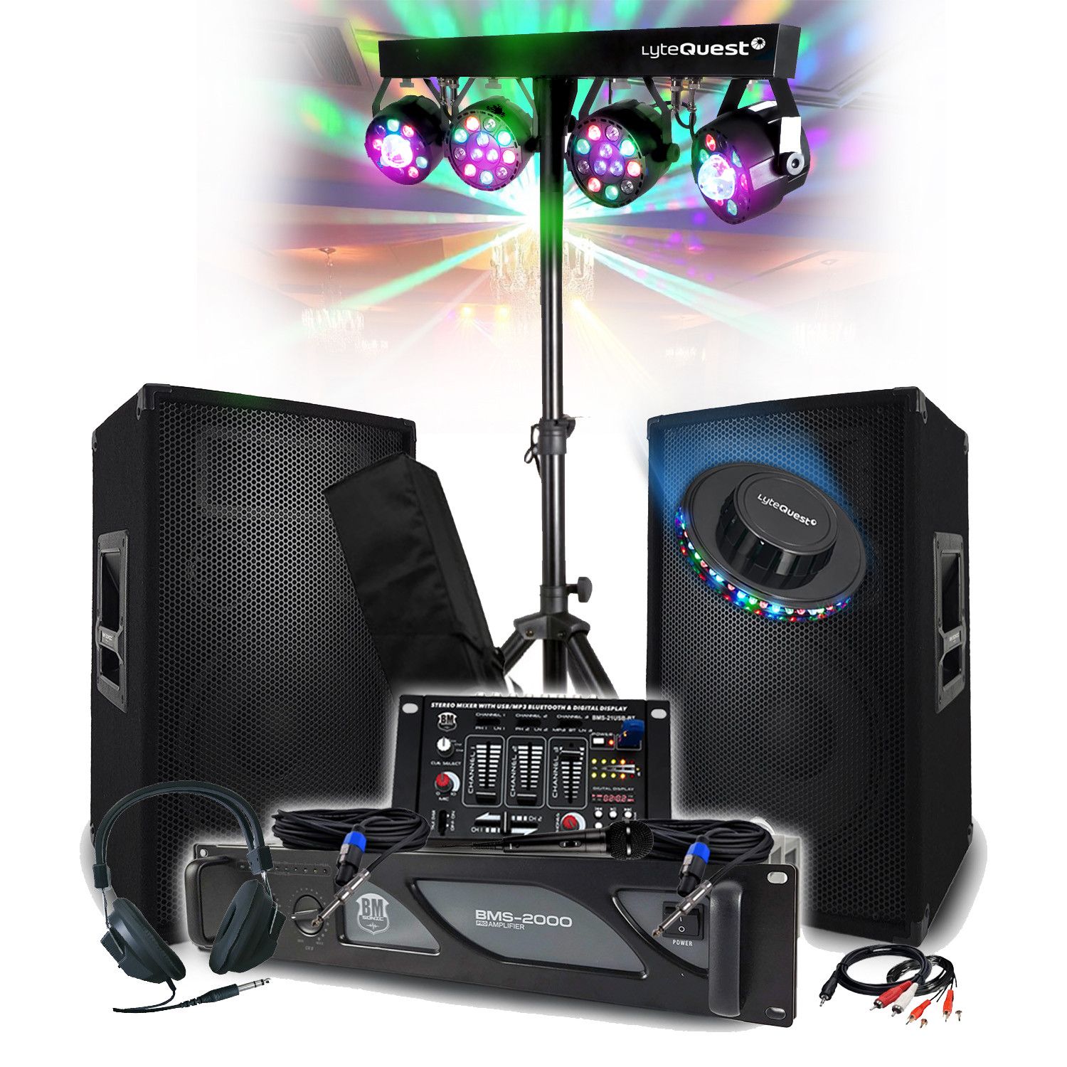 Pack Sono complet 3200W BM SONIC : Ampli 2000W, Enceintes 2x600W, Table de Mixage, Éclairage