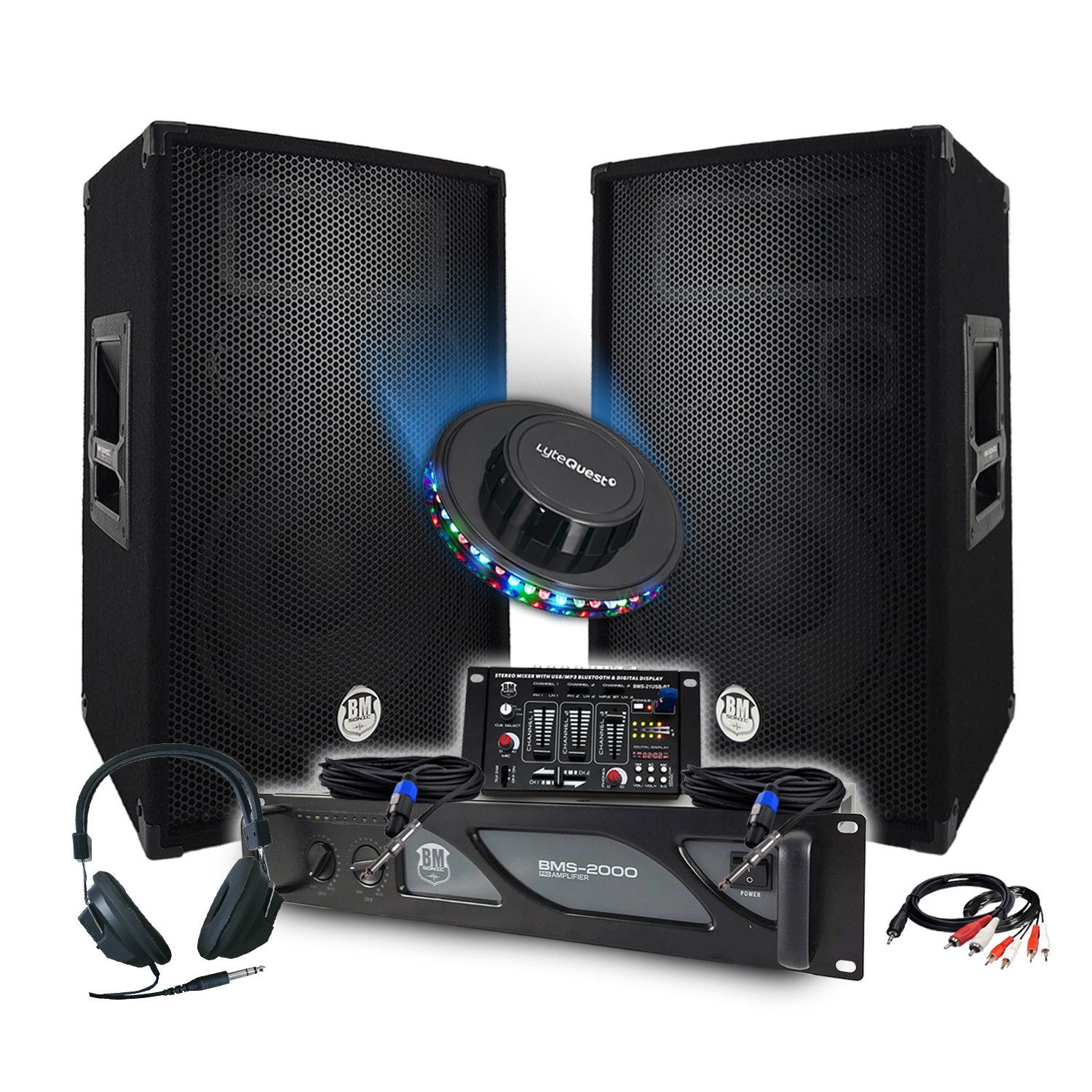 BM Sonic DJ Pack - 2000W Amplifier, Speakers, Mixing Table, Headphones, Cables, LED Lights