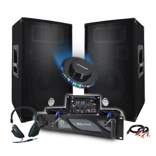 BM Sonic DJ Pack - 2000W Amplifier, Speakers, Mixing Table, Headphones, Cables, LED Lights