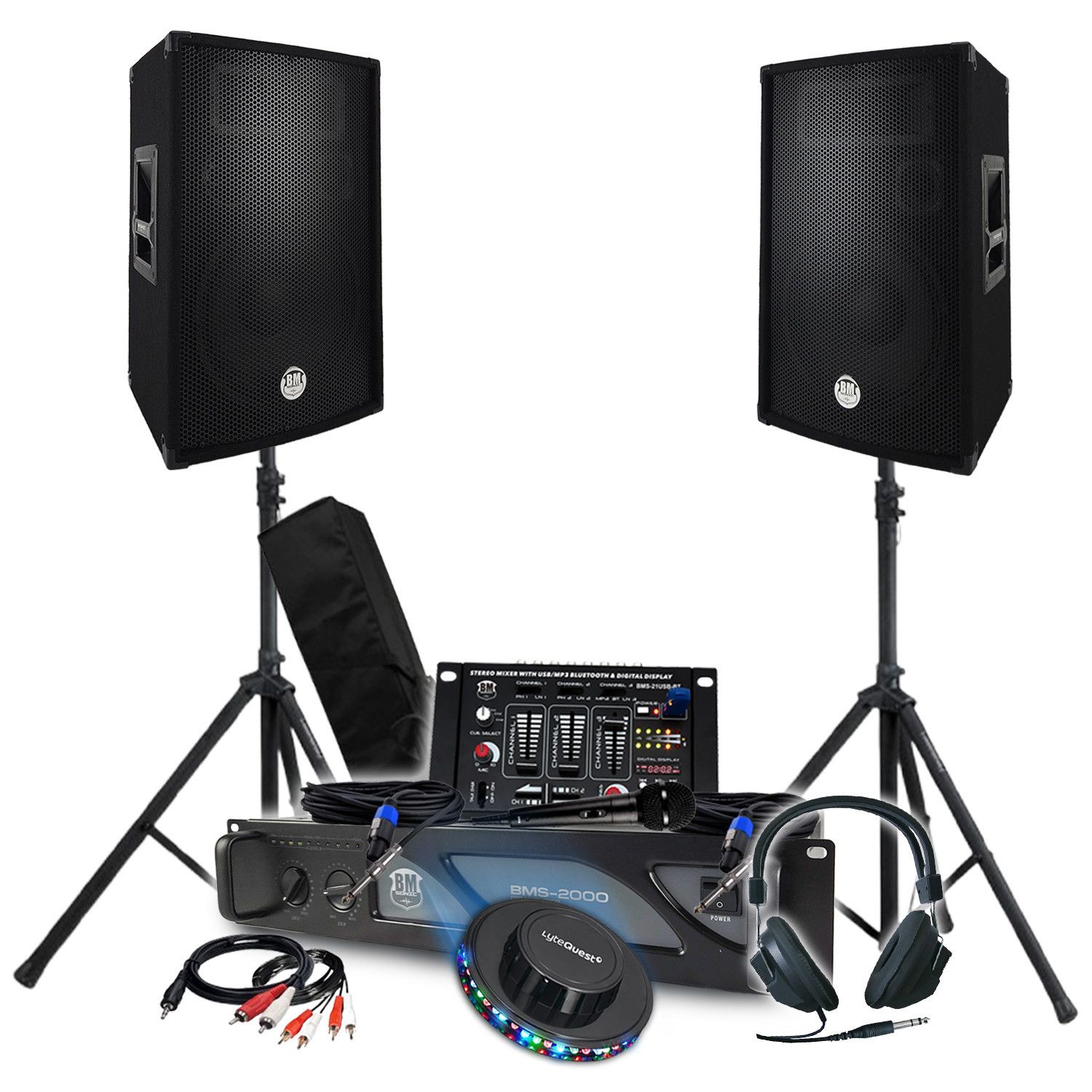 Kit DJ BM Sonic Total 3200W: Amplificateur, Enceintes, Table de Mixage, Casque, Câbles, Lumières LED