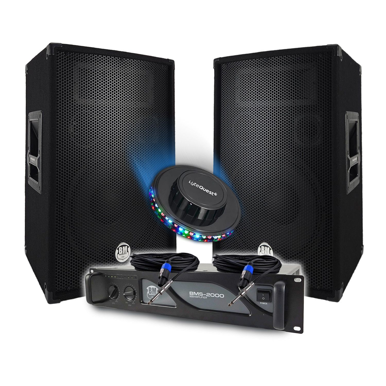 BM Sonic Pack Sono DJ: 2000W Amplifier, Passive Speakers 2x600W, Cables, PRO Sound System, UFO LED Light Show