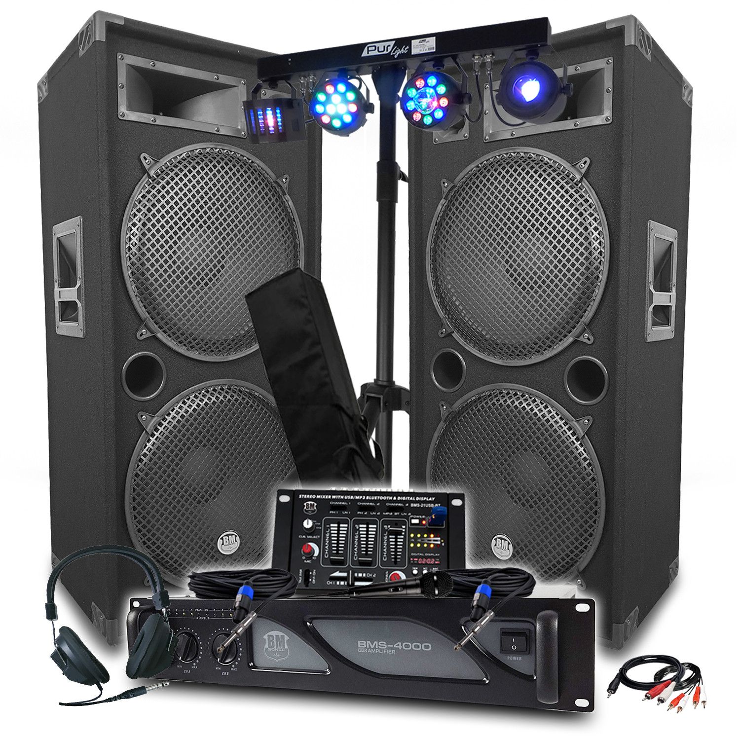 BM Sonic Pack Sono: 4000W Amplifier, LSC215 4x38cm Speakers x2, Mixing Console, Euphoria Portal + 48 Light Effects