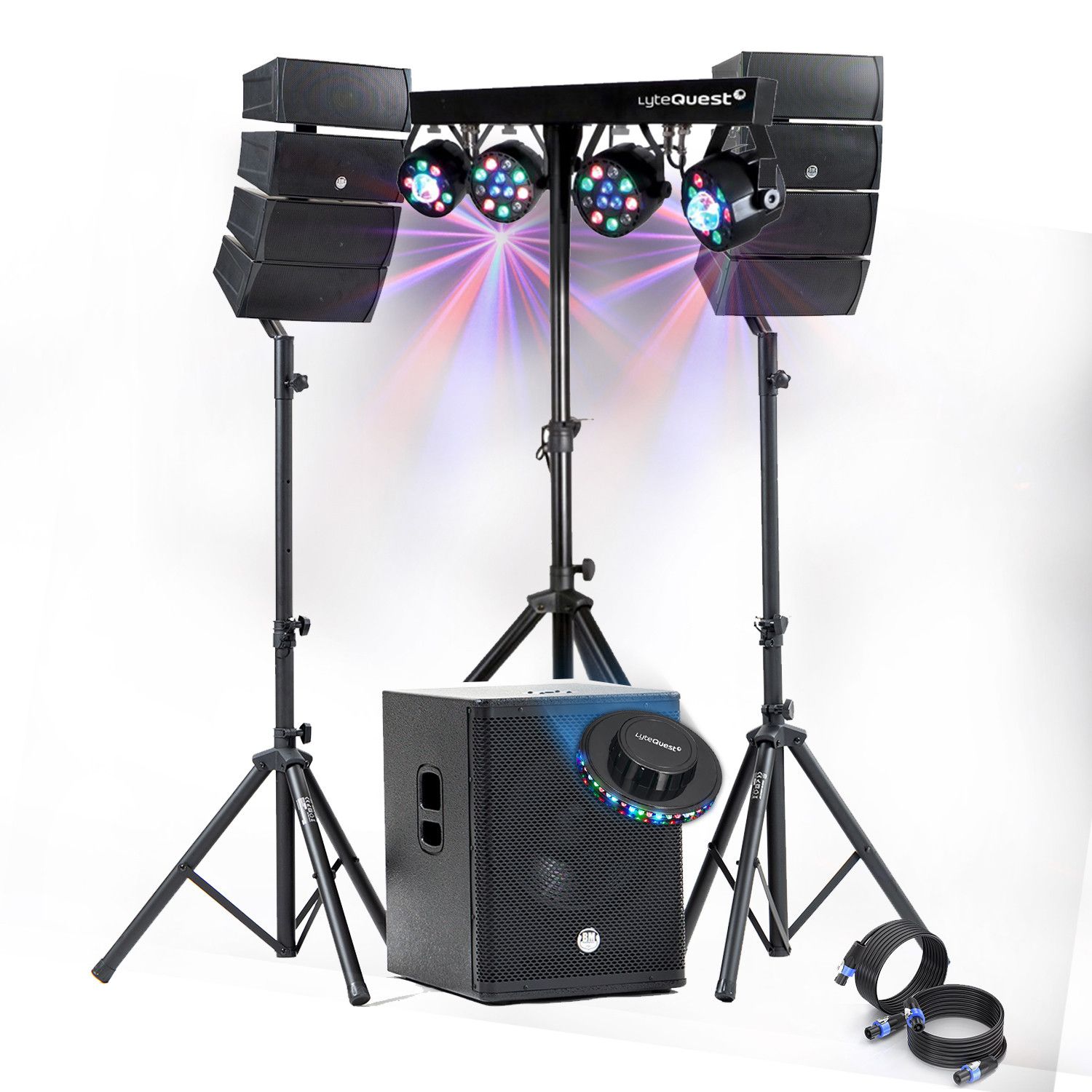 BM Sonic 1200W DJ Sound System Pack with Subwoofer and LED Light Bar