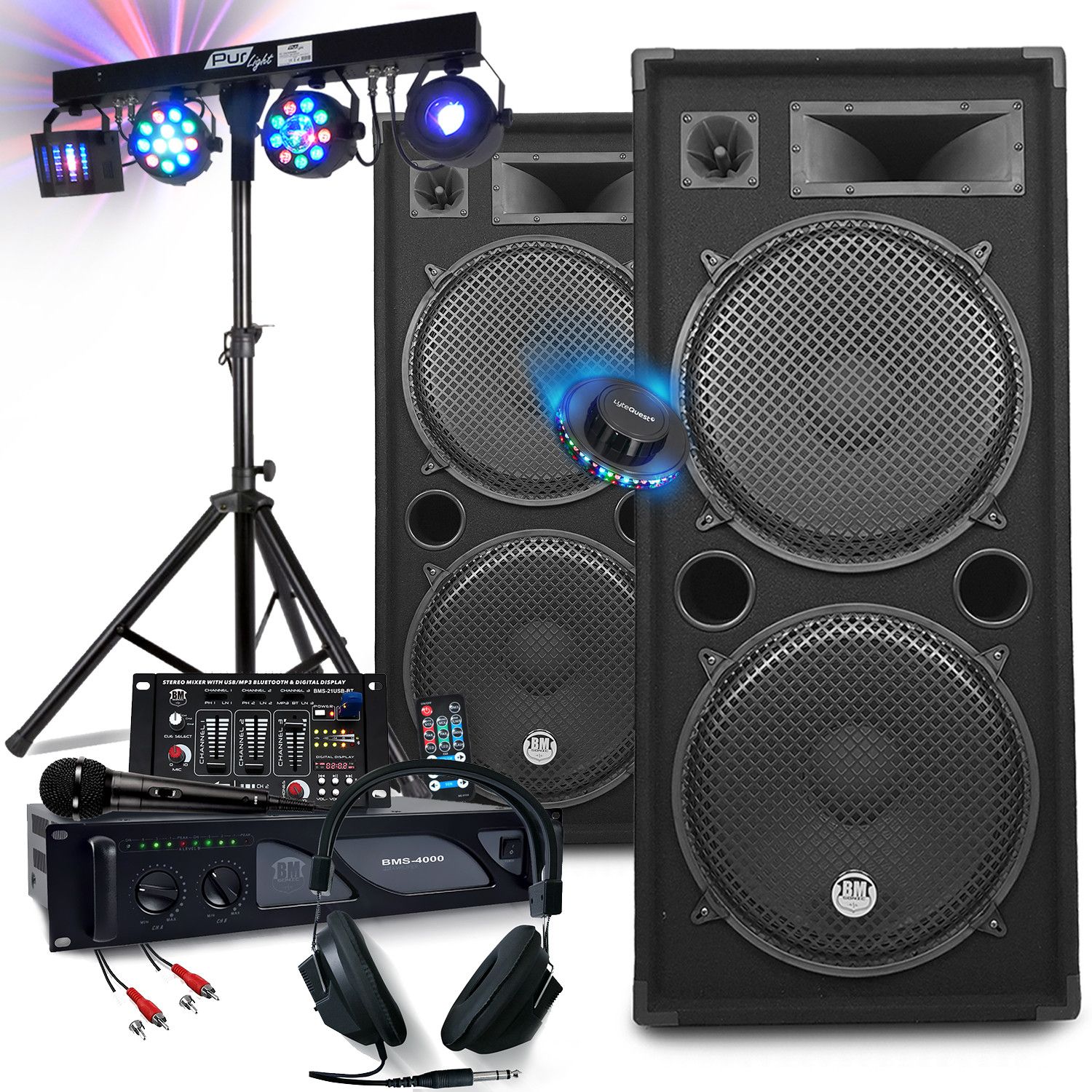 BM Sonic Wedding & Party Sound Pack - 3000W Amplifier, 2x 2000W Speakers, USB/Bluetooth Mixer, Multi-Effect Lighting Gobo
