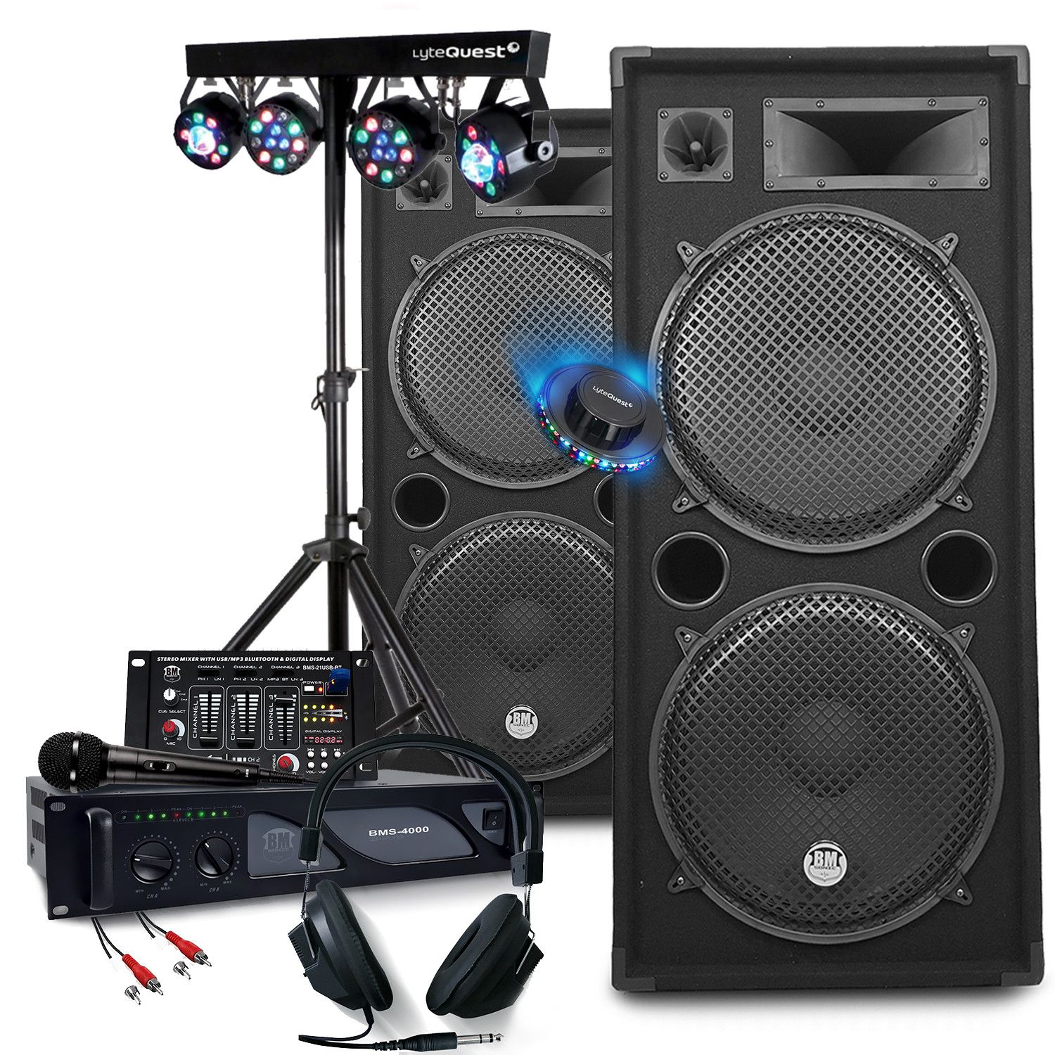 Bm Sonic DJ Complete Package 3000W Amplification + Speakers 2x2000W, USB Mixing Table, Multi-Effect LED Light Arch