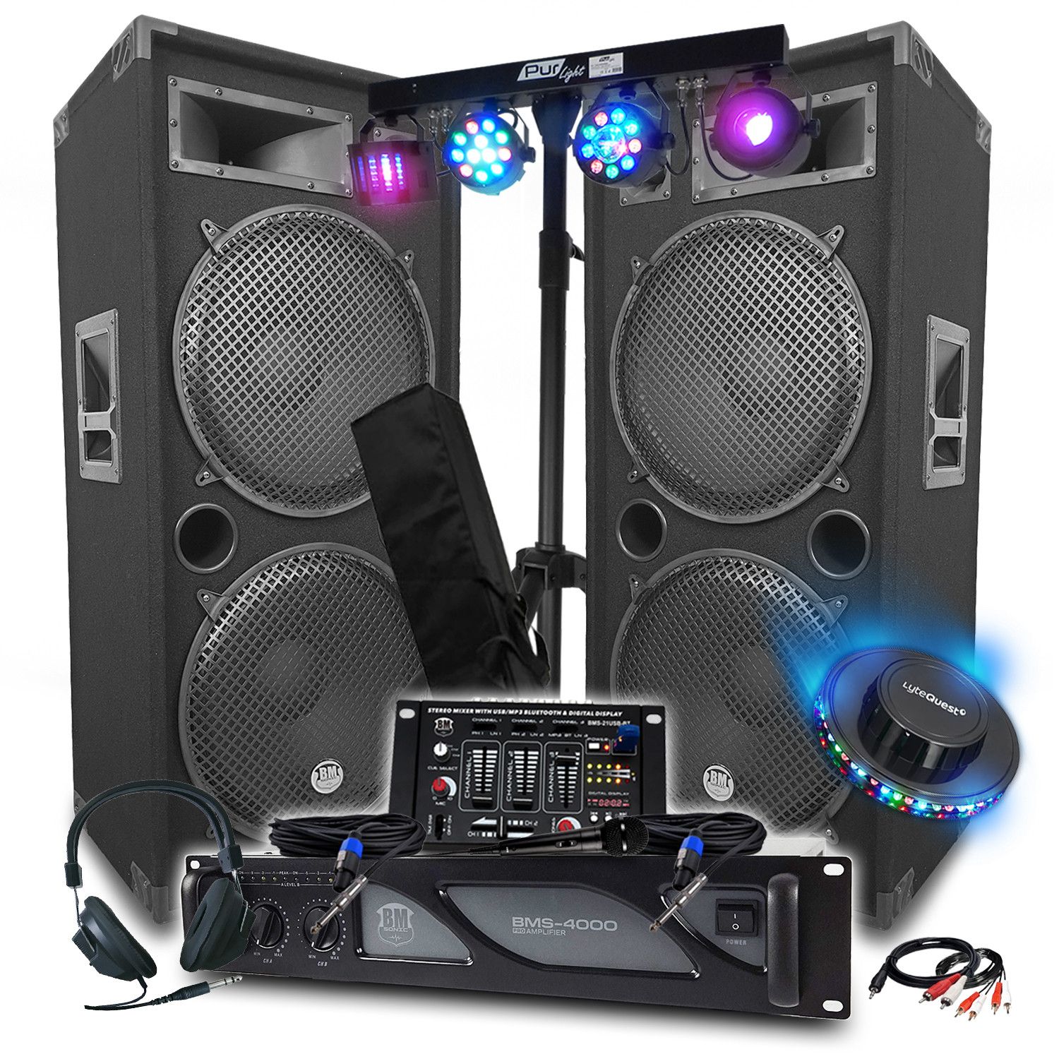 Pack Sono DJ BM Sonic : amplificateur 4000W, haut-parleurs passifs 4x38 cm 2x2000W, table de mixage Bluetooth, éclairage 8 lumières LED