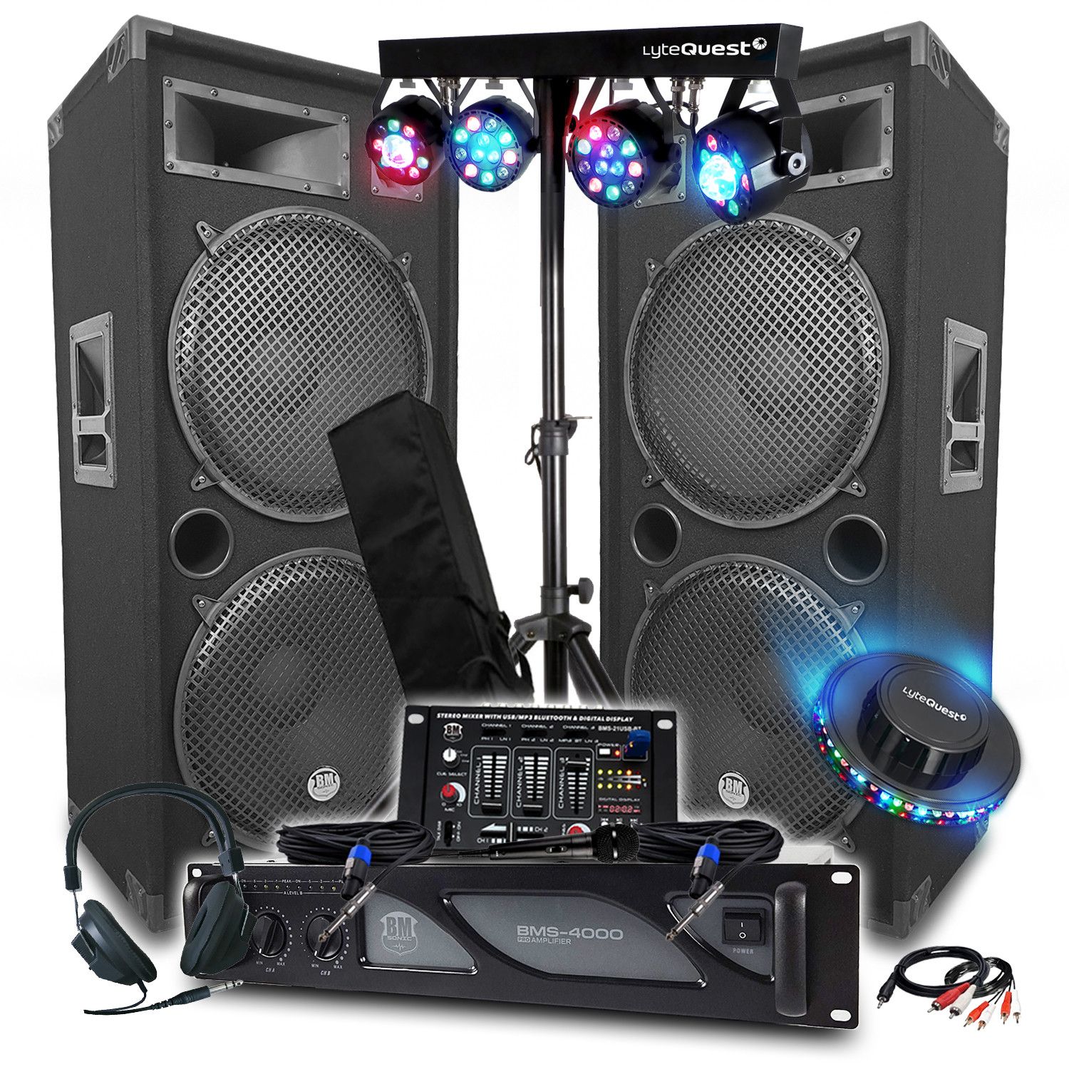 Kit Sonorización BM SONIC 4000W con Altavoces, Mesa de Mezcla Bluetooth y Iluminación