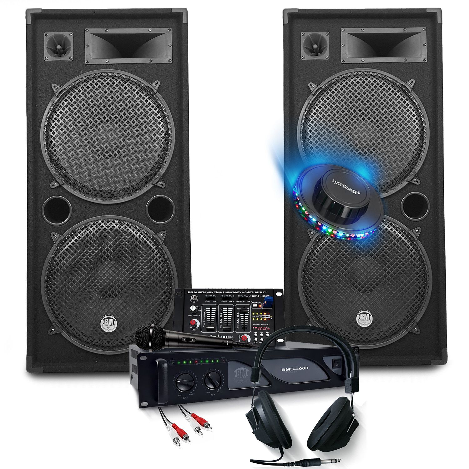 Kit de sonorisation complet Bm Sonic 3000W avec haut-parleurs passifs 2x2000W, table de mixage USB Bluetooth, casque DJ, câbles et micro