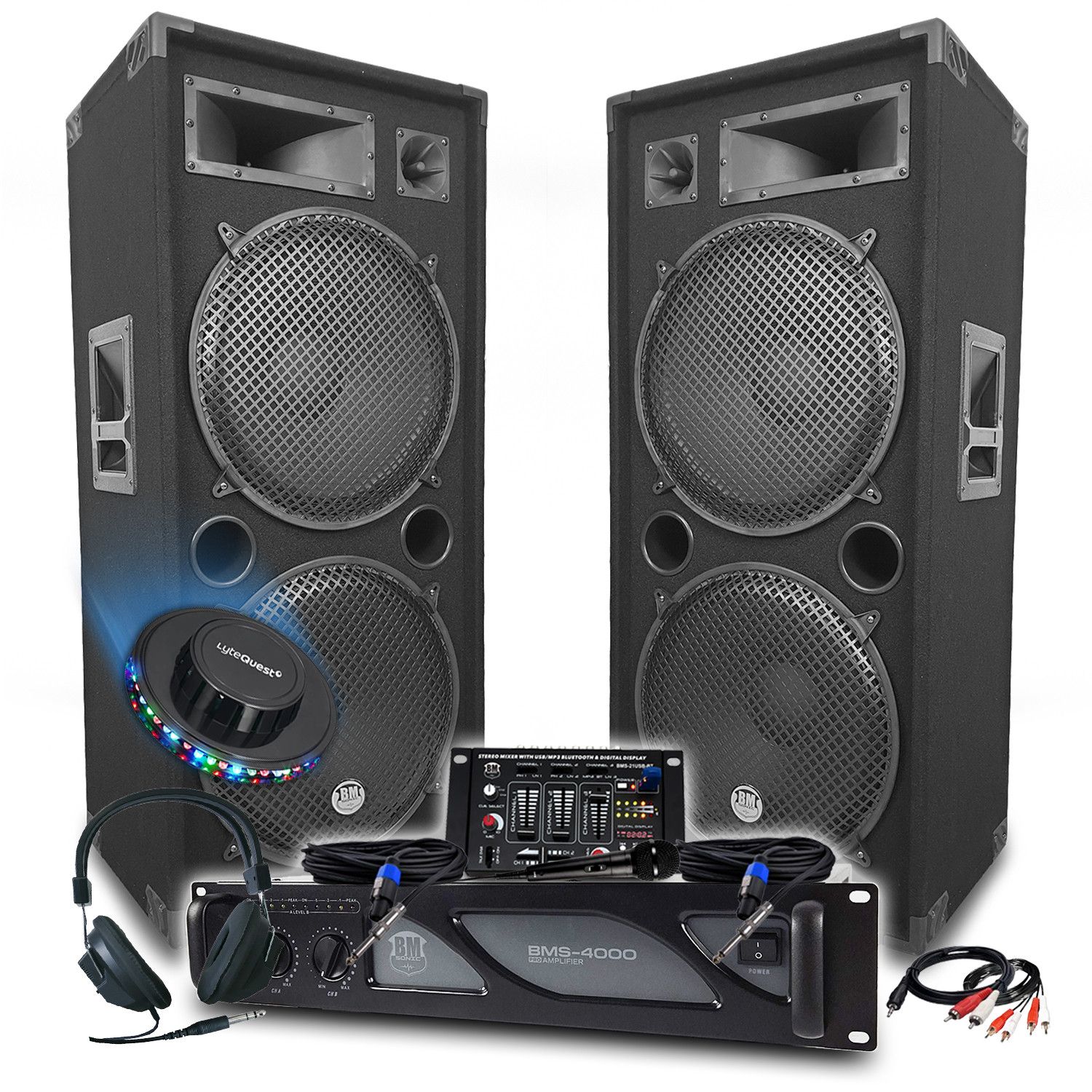 Système de sonorisation DJ BM SONIC : amplificateur, haut-parleurs, table de mixage, casque DJ, câbles et microphone