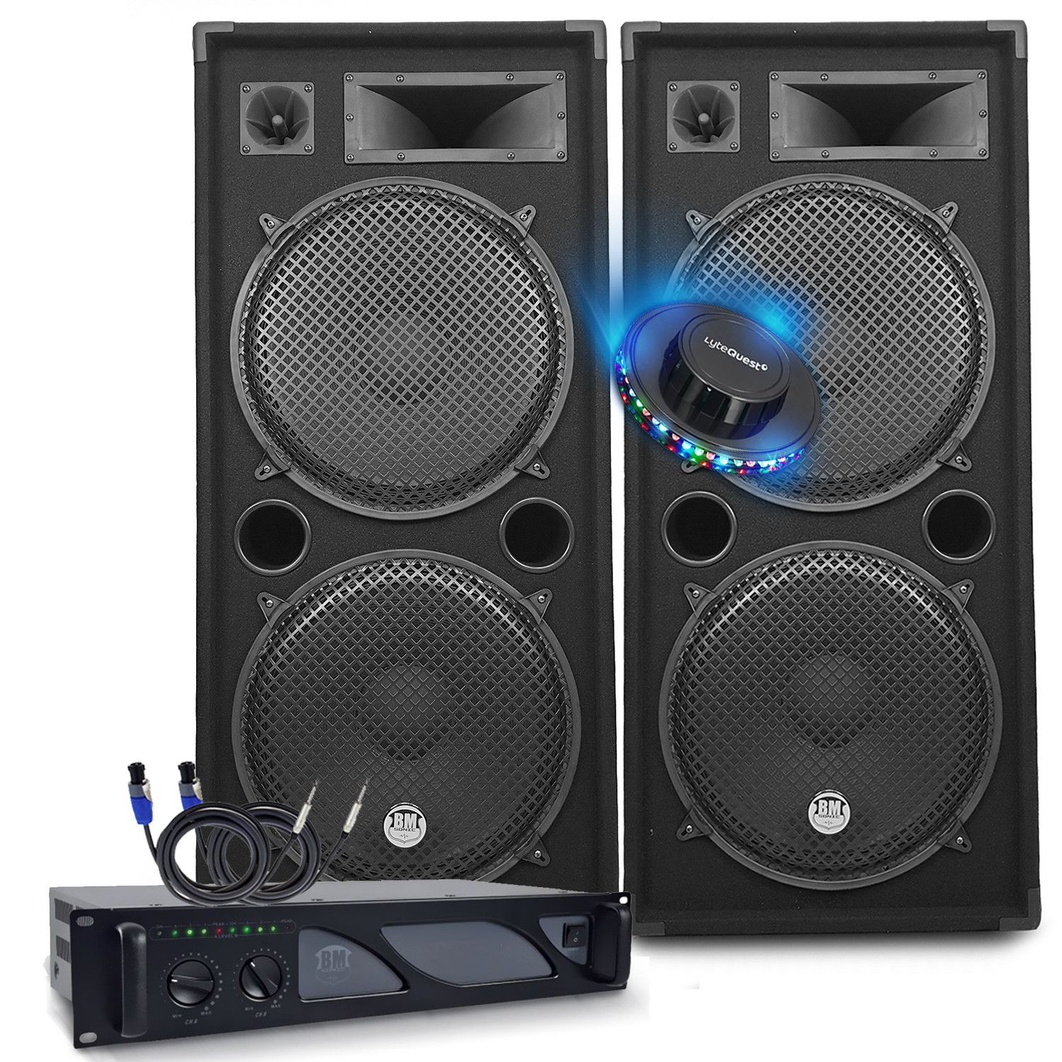 Kit Sono BM SONIC - Amplificador de 3000W, Altavoces LSC215 2x2000W, Cables Speakon, Sistema de Sonorización PRO CLUB BAR FETES LED
