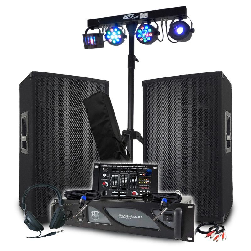 BM SONIC 2000W Amplifier Pack with Passive Speakers, Mixing Console, and Light Effects