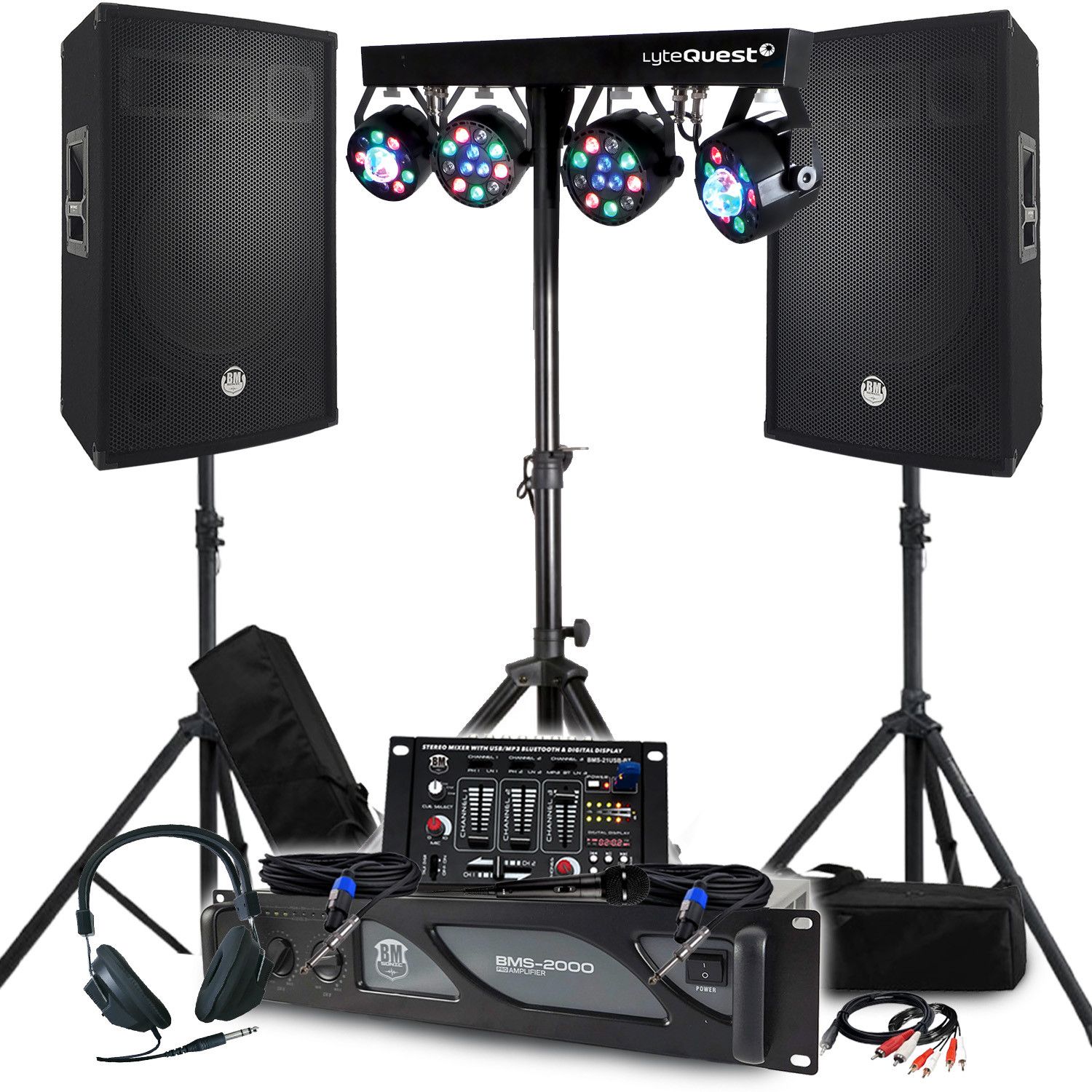 BM Sonic Pack Sono: 2000W Amplifier, Passive Speakers, Stand, Mixing Table, Xperformer 8-Light Arch