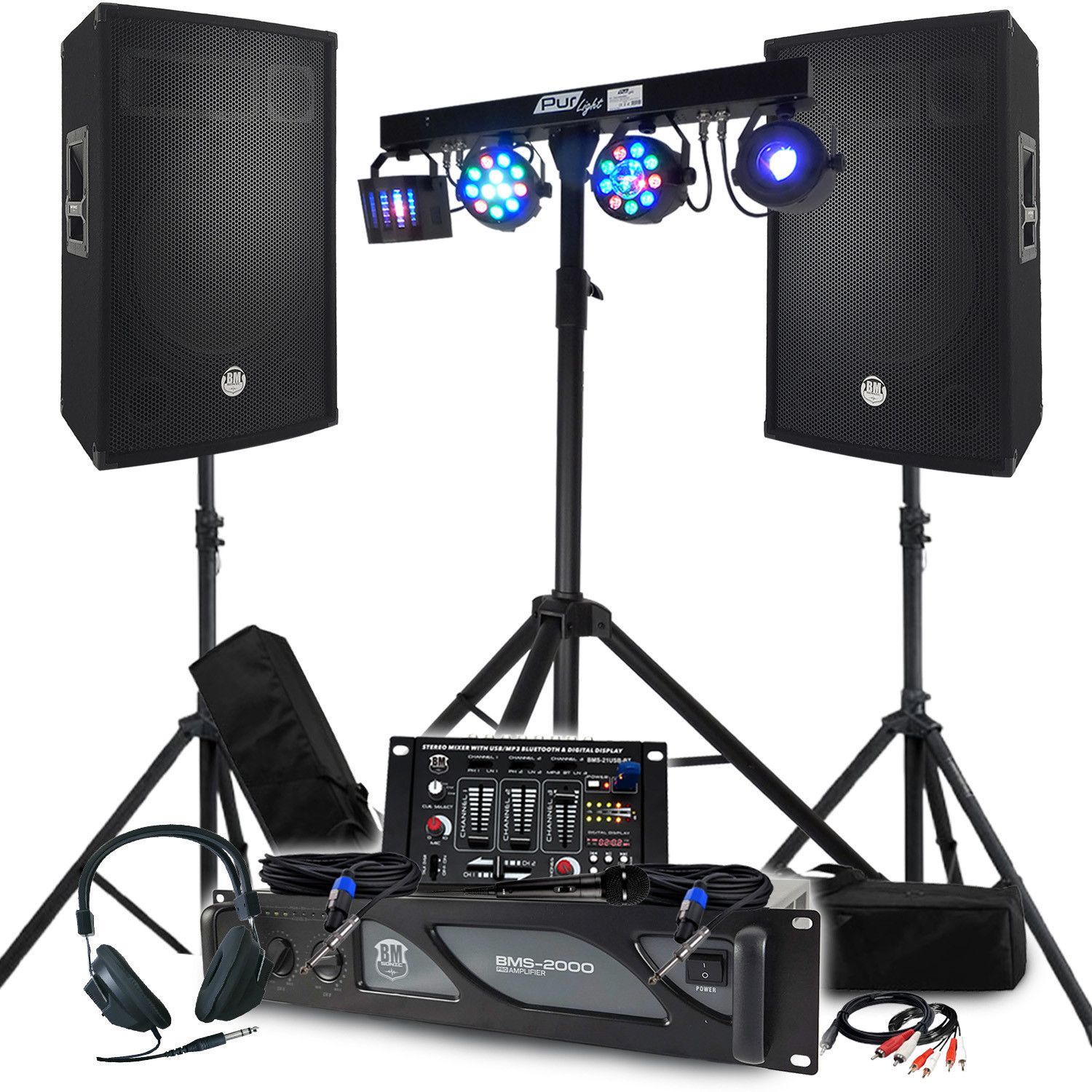 Kit BM Sonic Sono: Amplificador de 2000W, Altavoces pasivos de 2x700W, Mesa de mezcla, Portal de Euphoria + 48 efectos de luz
