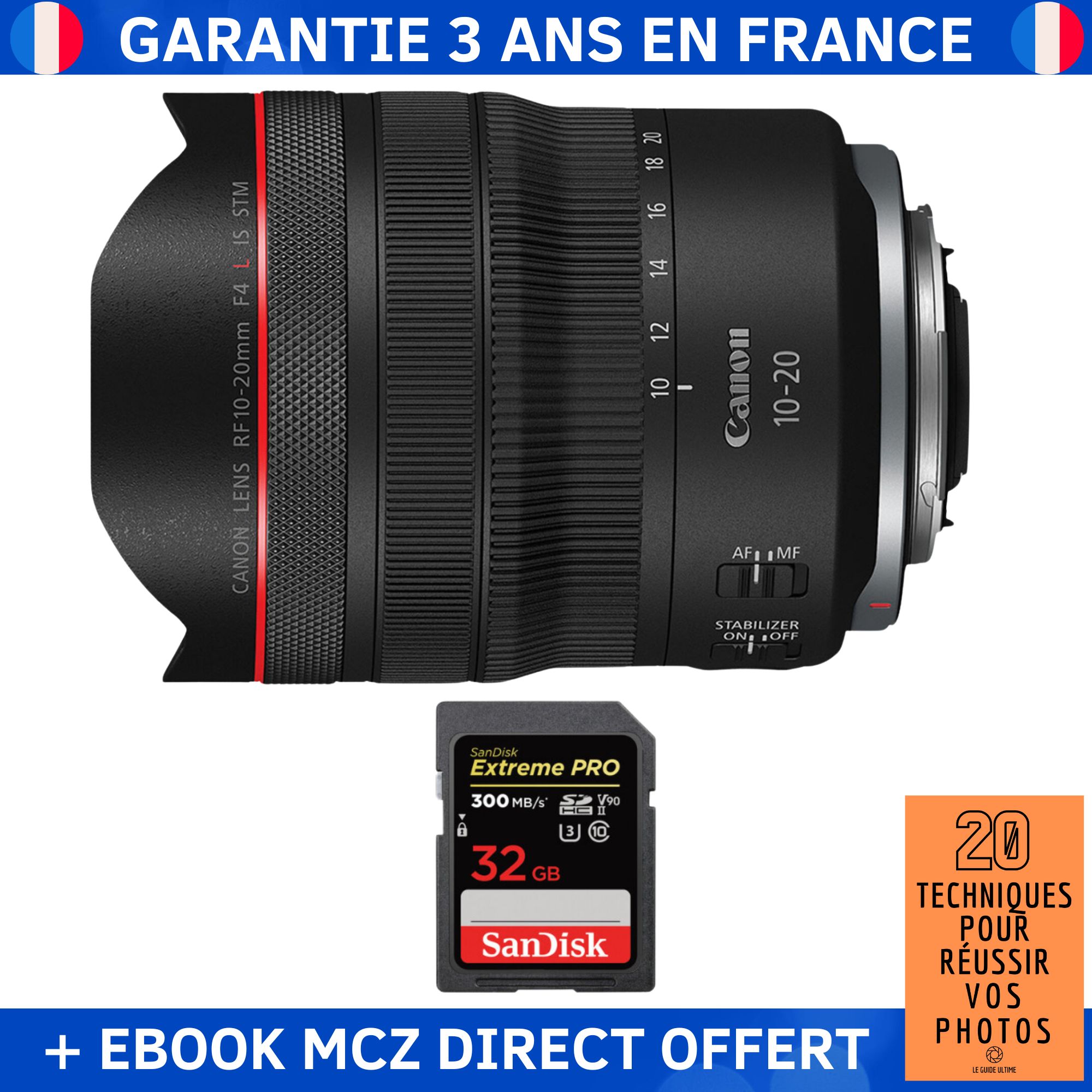 Canon RF 10-20mm f/4 L IS STM Lens + 32GB SanDisk Extreme PRO UHS-II SDXC Card + '20 Techniques pour Réussir vos Photos' Ebook - Canon RF Lens