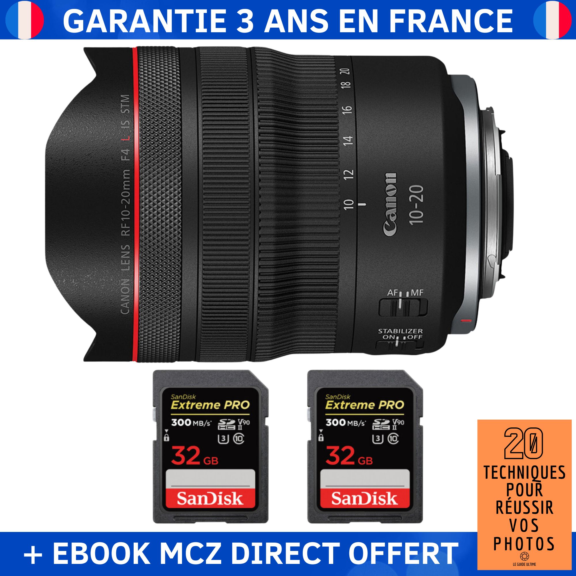 Canon RF 10-20mm f/4 L IS STM Lens + 2 SanDisk 32GB Extreme PRO UHS-II SDXC Cards + '20 Techniques pour Réussir vos Photos' Ebook - Canon RF Lens