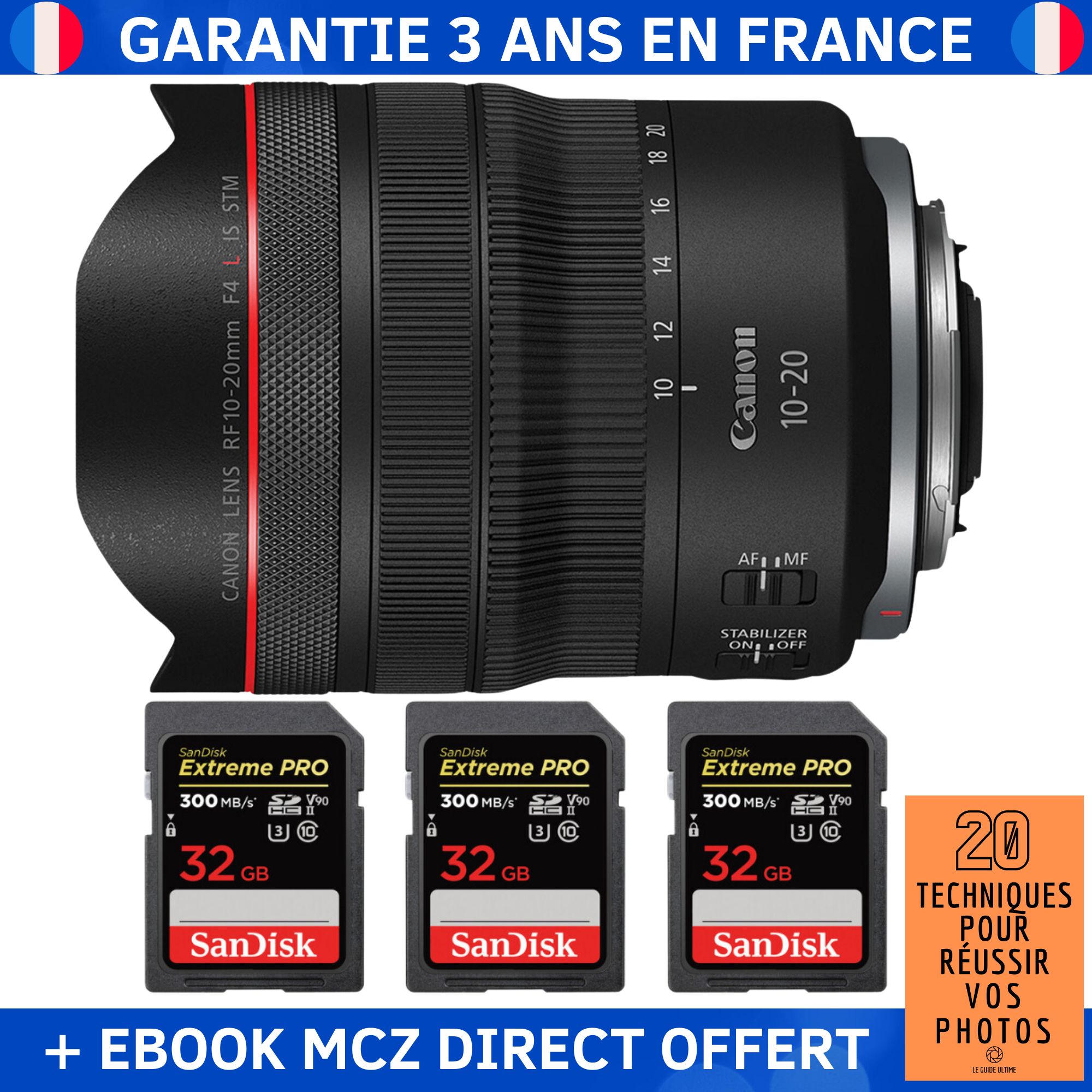 Canon RF 10-20mm f/4 L IS STM Lens + 3 SanDisk 32GB Extreme PRO UHS-II SDXC Cards + '20 Techniques pour Réussir vos Photos' Ebook - Canon RF Lens