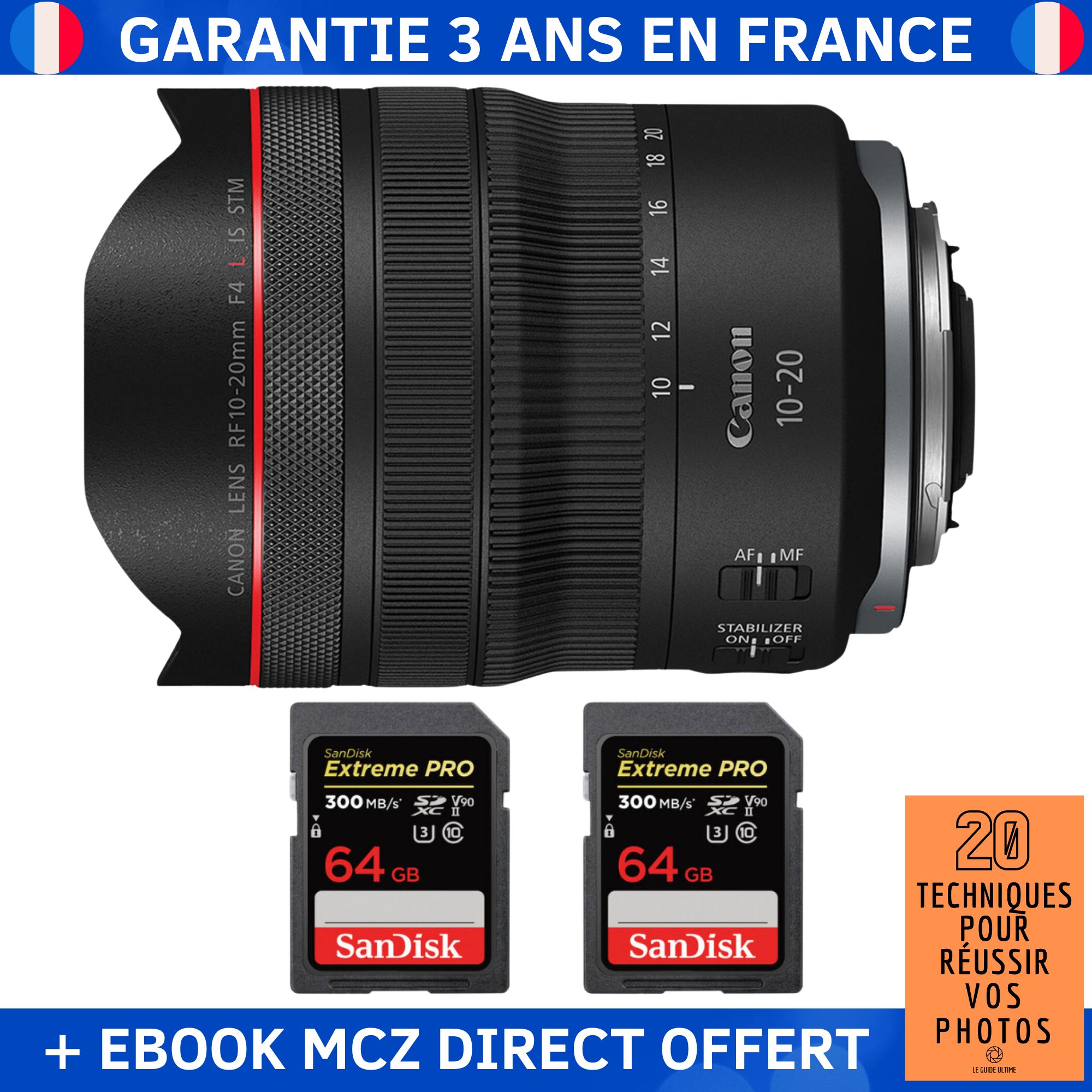 Canon RF 10-20mm f/4 L IS STM Lens + 2 SanDisk 64GB Extreme PRO UHS-II SDXC Cards + '20 Techniques pour Réussir vos Photos' Ebook - Canon RF Lens