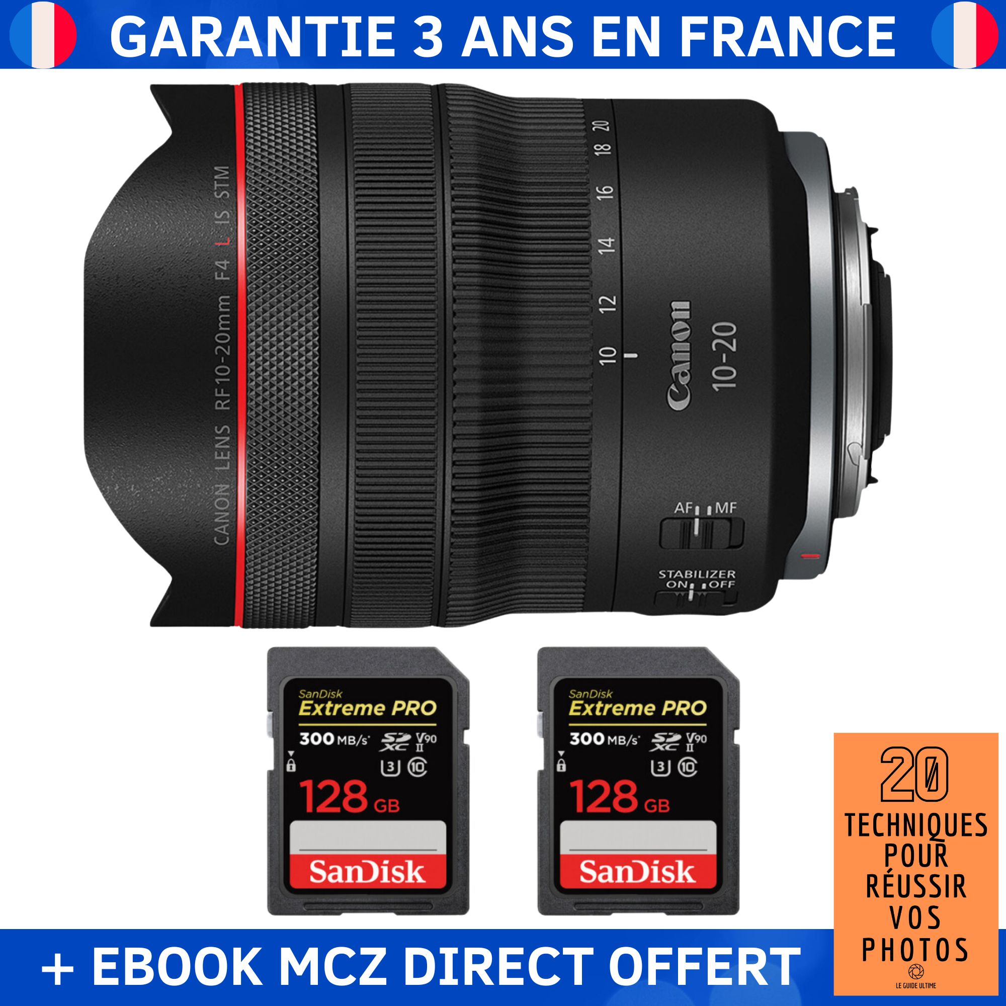 Canon RF 10-20mm f/4 L IS STM Lens + 2 SanDisk 128GB Extreme PRO UHS-II SDXC Cards + '20 Techniques pour Réussir vos Photos' Ebook - Canon RF Lens