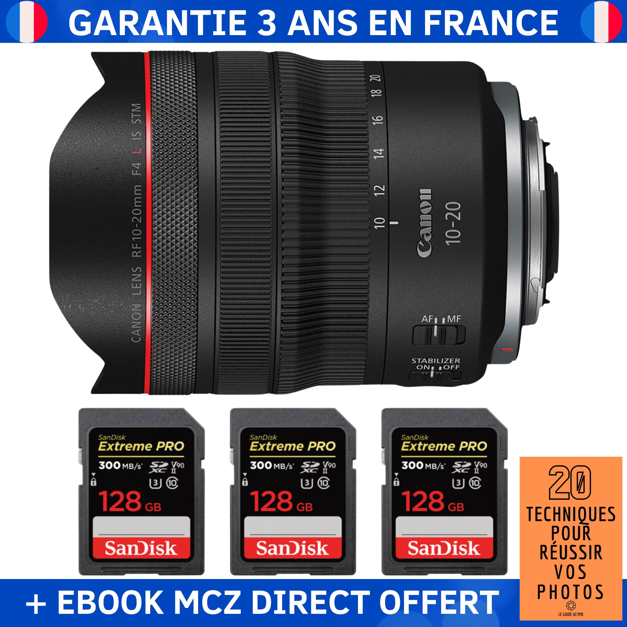 Objectif Canon RF 10-20mm f/4 L IS STM + 3 Cartes SDXC SanDisk 128 Go Extreme PRO UHS-II + Ebook '20 Techniques pour Réussir vos Photos'