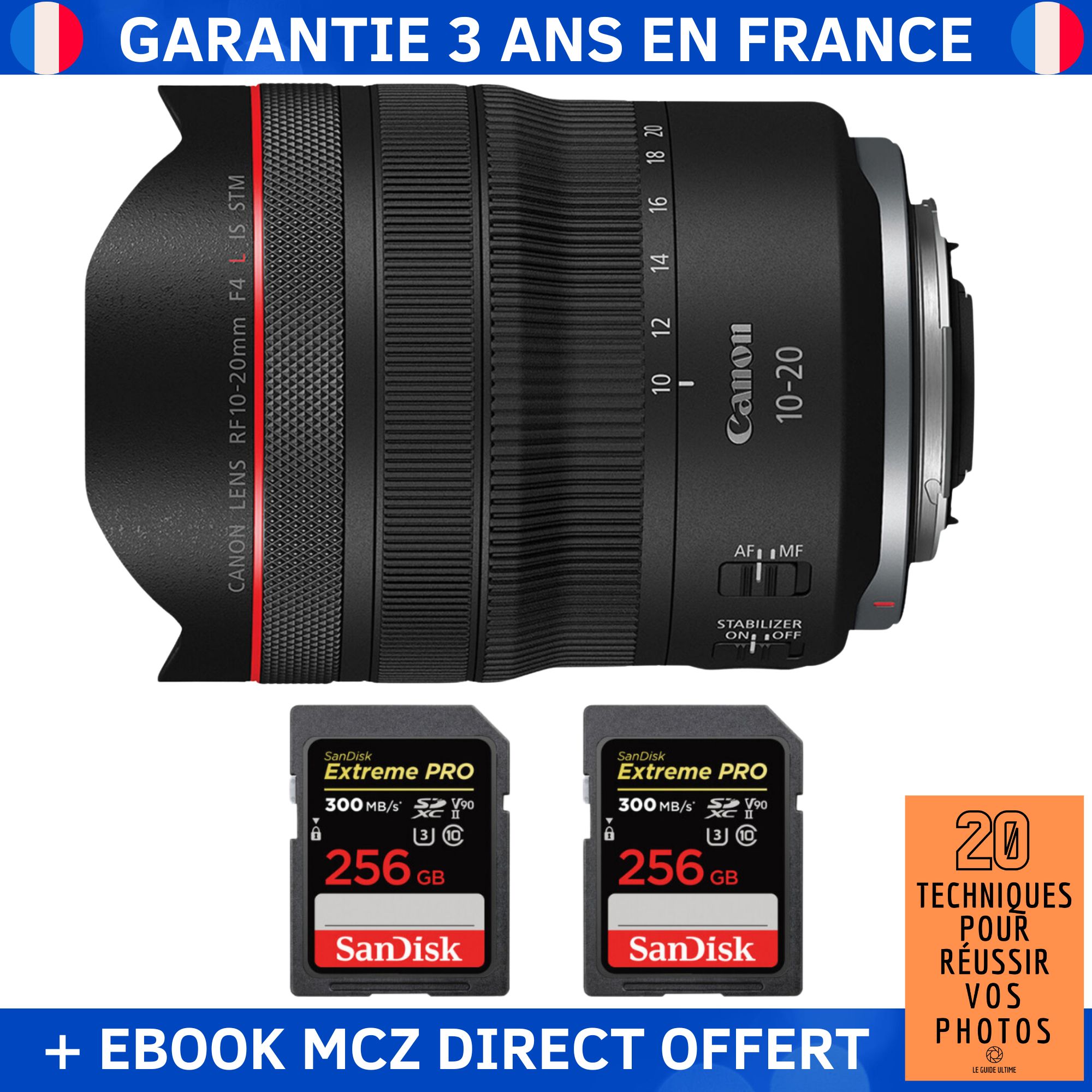 Canon RF 10-20mm f/4 L IS STM Lens + 2 SanDisk 256GB Extreme PRO UHS-II SDXC Cards + '20 Techniques pour Réussir vos Photos' Ebook - Canon RF Lens