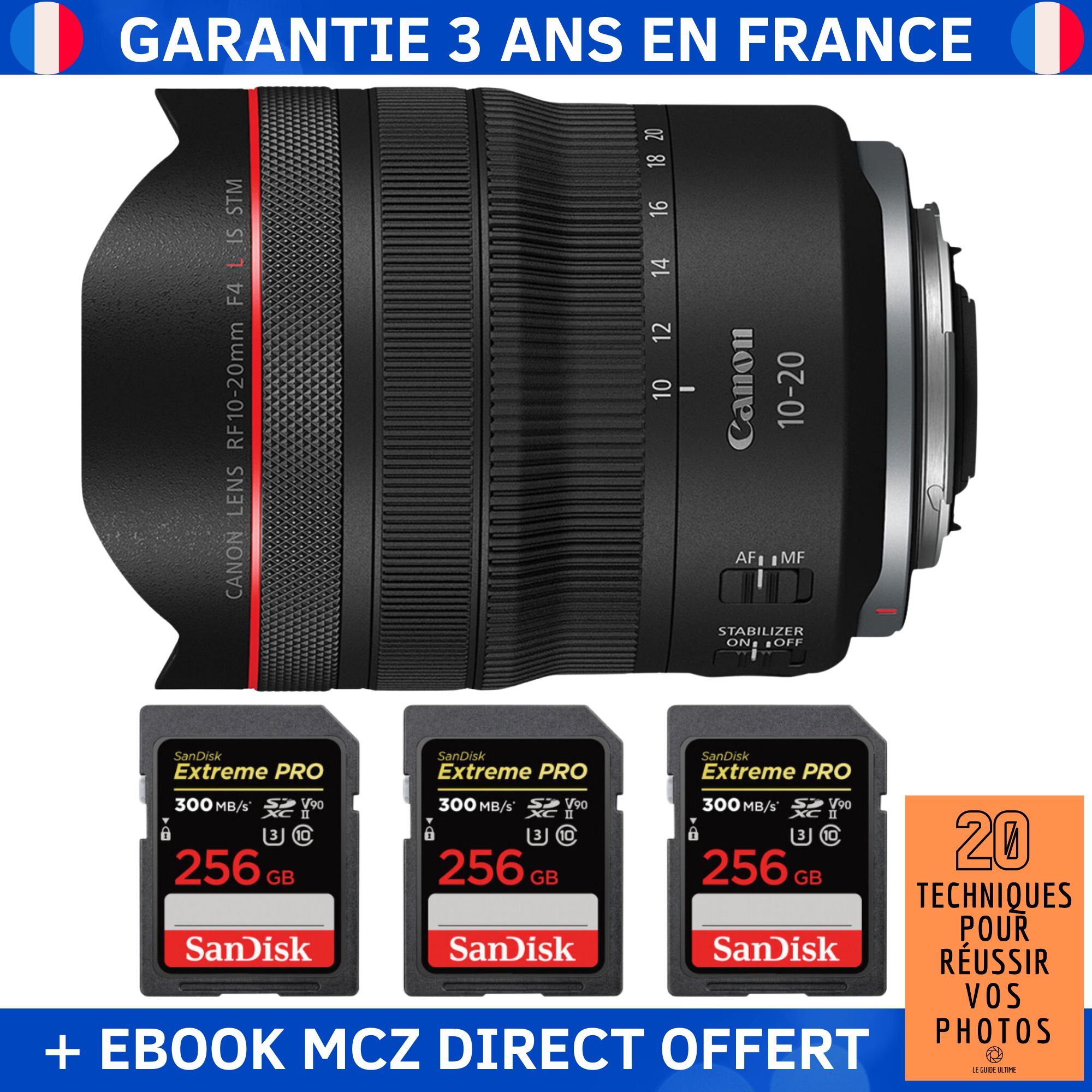 Objectif Canon RF 10-20mm f/4 L IS STM + 3 cartes mémoire SanDisk 256 Go Extreme PRO UHS-II + ebook '20 techniques pour réussir vos photos'