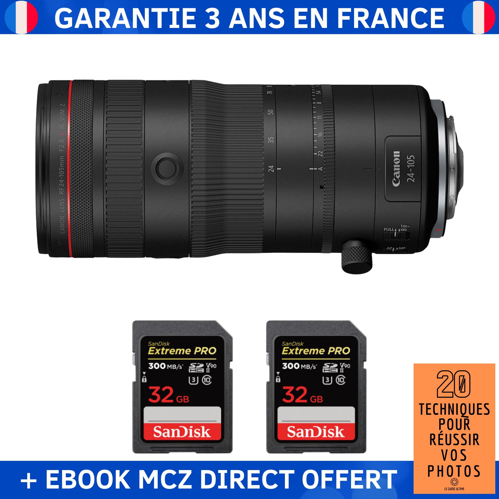 Canon RF 24-105mm f/2.8 L IS USM Z Lens + 2 SanDisk 32GB Extreme PRO UHS-II SDXC 300MB/s Cards + '20 Techniques pour Réussir vos Photos' Ebook - Canon RF Lens