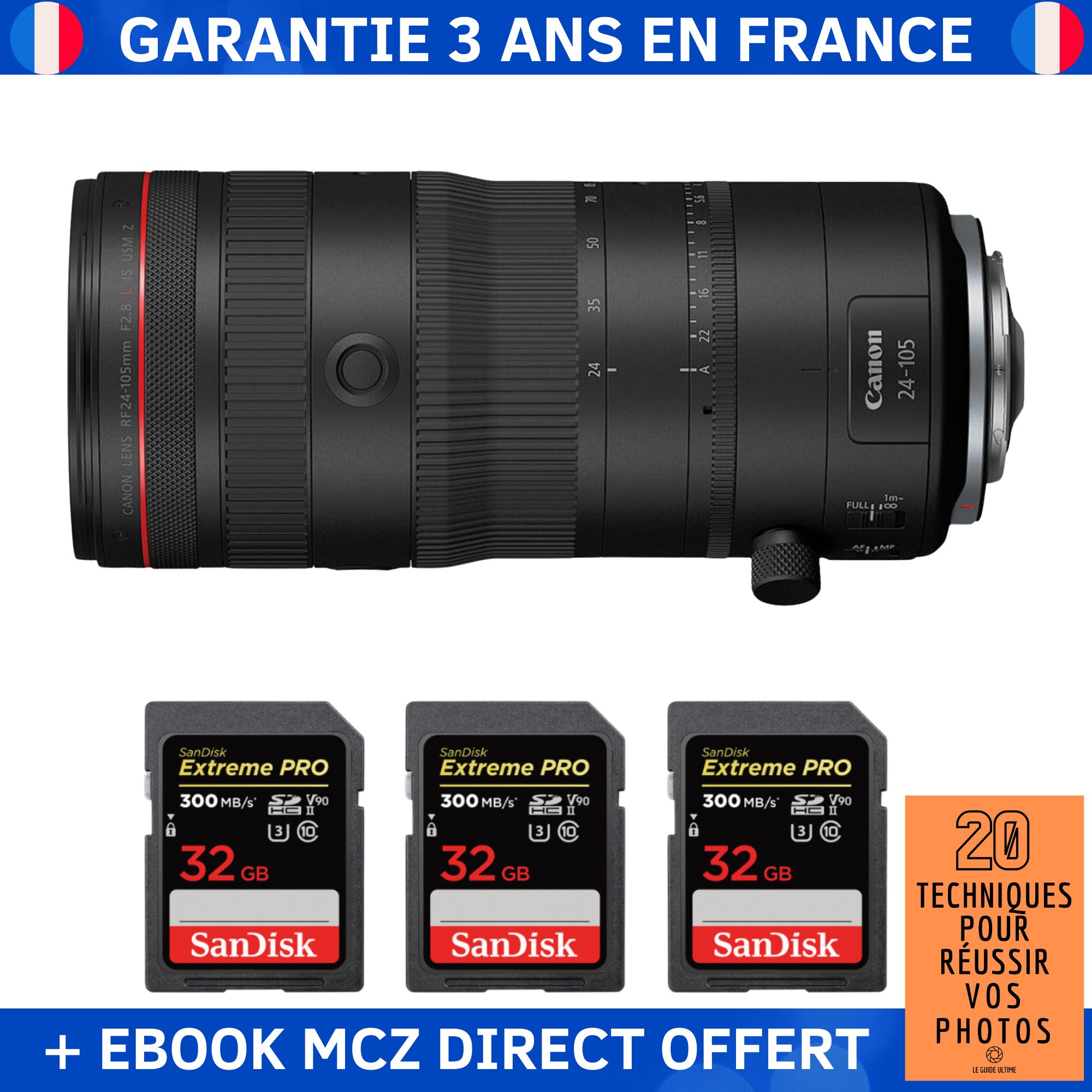 Canon RF 24-105mm F2.8 L IS USM Z Lens + 3 SanDisk 32GB Extreme PRO UHS-II SDXC 300MB/s Cards + '20 Techniques pour Réussir vos Photos' Ebook - Canon RF Lens
