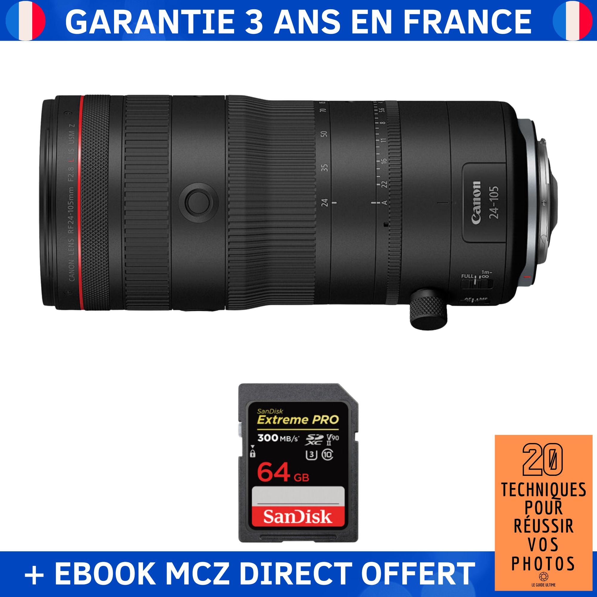 Canon RF 24-105mm F2.8 L IS USM Z Lens + 64GB SanDisk Extreme PRO UHS-II SDXC Card + Ebook: '20 Techniques pour Réussir vos Photos'