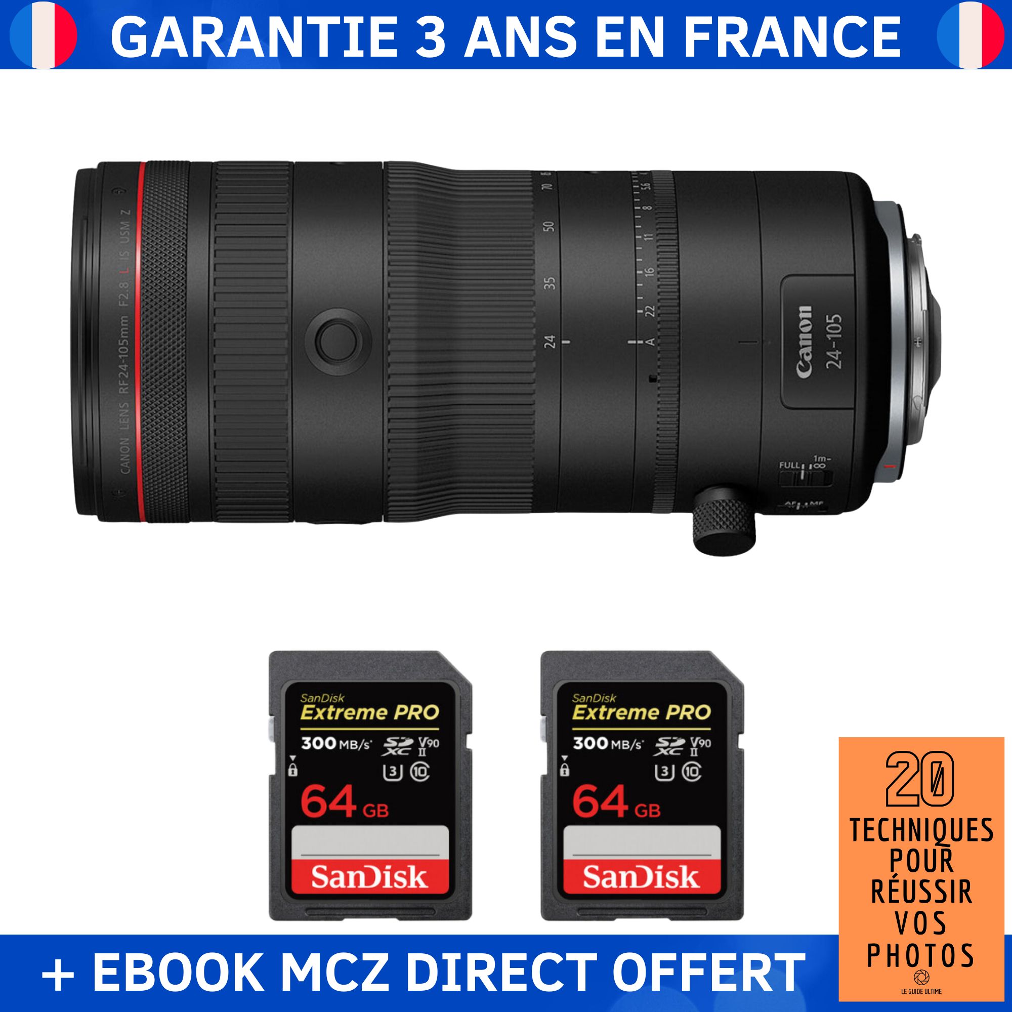 Canon RF 24-105mm F2.8 L IS USM Z Lens + 2 SanDisk 64GB Extreme PRO UHS-II SDXC 300MB/s Cards + '20 Techniques pour Réussir vos Photos' Ebook - Canon RF Lens