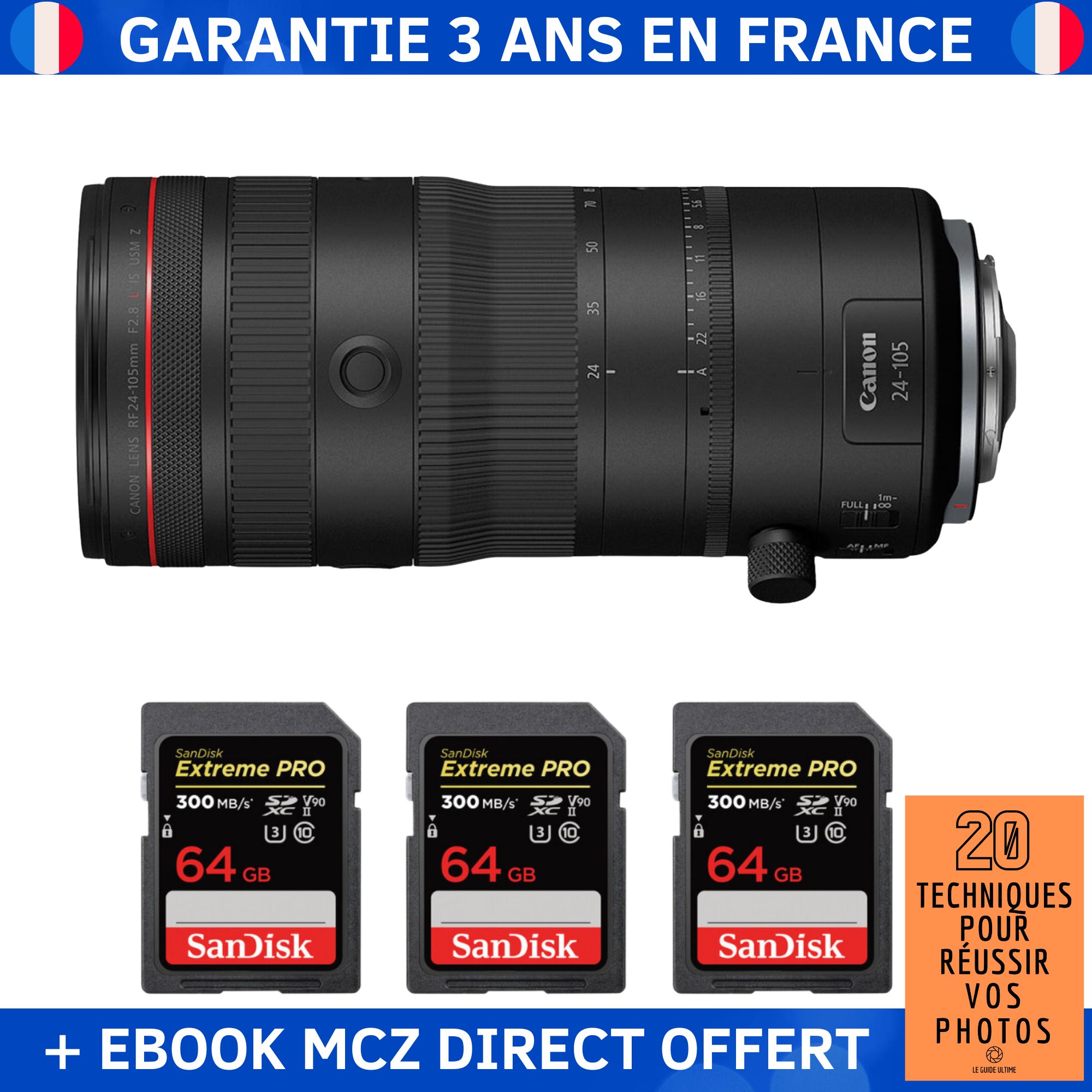 Canon RF 24-105mm F2.8 L IS USM Z Lens + 3 SanDisk 64GB Extreme PRO UHS-II SDXC Cards 300MB/s + Ebook '20 Techniques for Successful Photos' - Canon RF Lens