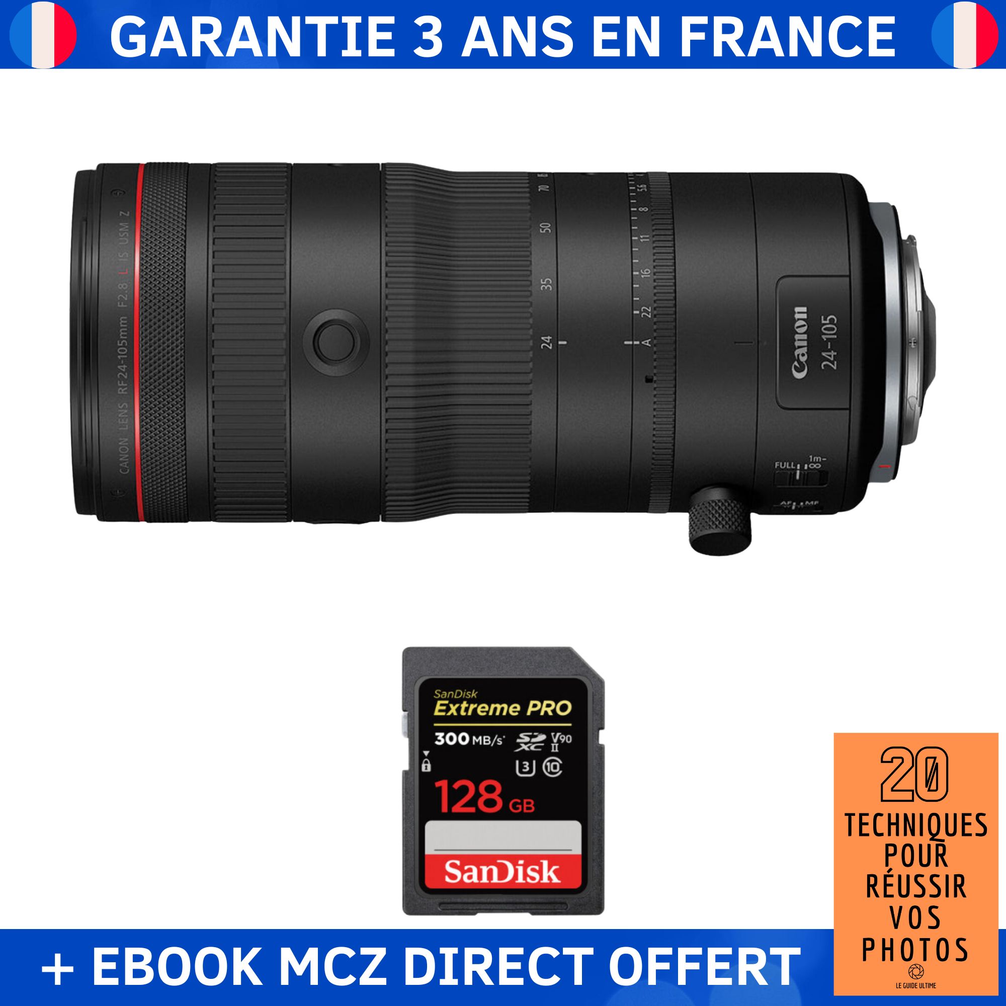 Canon RF 24-105mm F2.8 L IS USM Z Lens + 1 SanDisk 128GB Extreme PRO UHS-II SDXC Card 300MB/s + Ebook '20 Techniques pour Réussir vos Photos' - Canon RF Lens