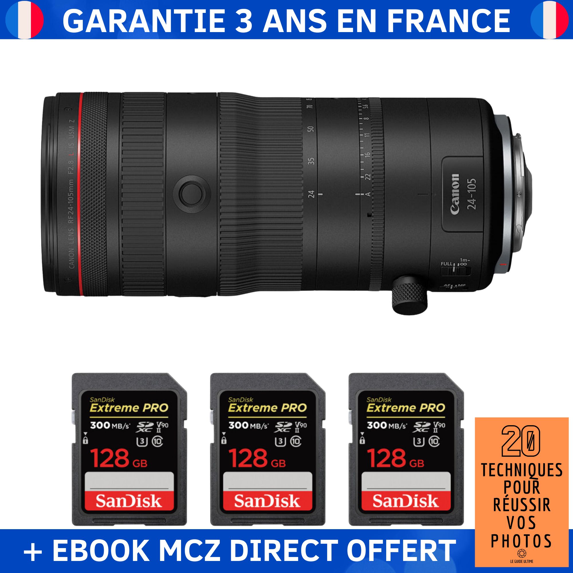 Canon RF 24-105mm F2.8 L IS USM Z Lens + 3 SanDisk 128GB Extreme PRO UHS-II SDXC Cards 300MB/s + Ebook '20 Techniques for Successful Photos' - Canon RF Lens