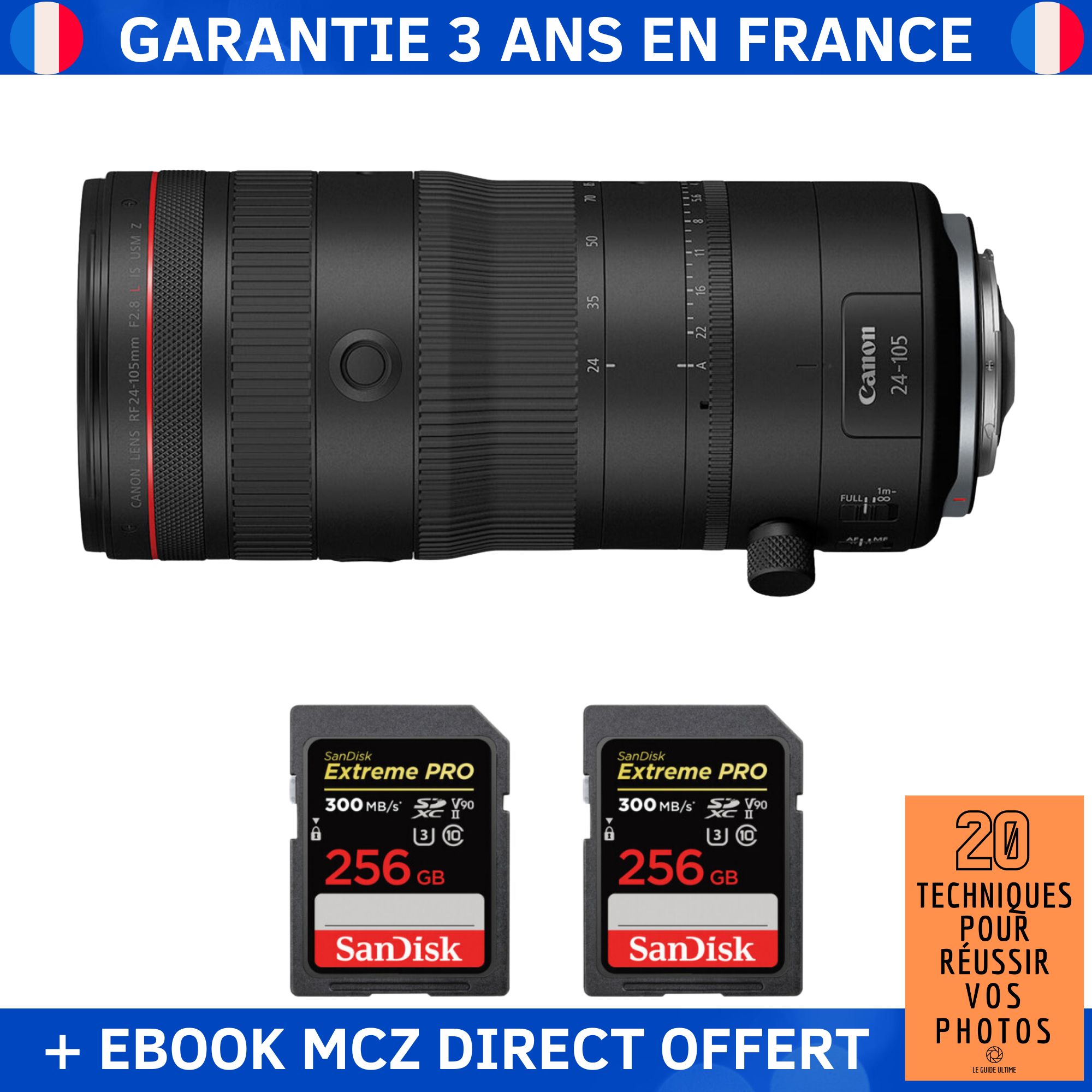 Canon RF 24-105mm F2.8 L IS USM Z Lens + 2 SanDisk 256GB Extreme PRO UHS-II SDXC Cards 300MB/s + Ebook '20 Techniques pour Réussir vos Photos'