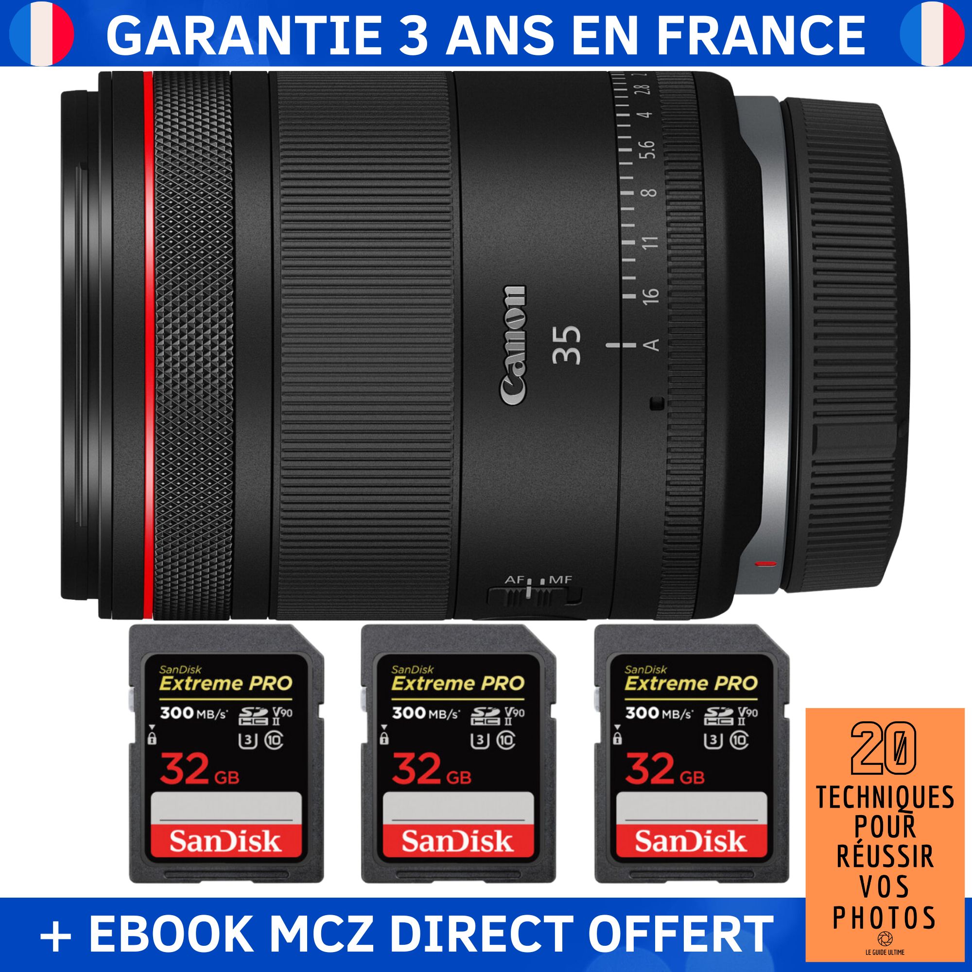 Canon RF 35mm f/1.4 L VCM Lens + 3 SanDisk 32GB Extreme PRO UHS-II SDXC Cards + '20 Techniques pour Réussir vos Photos' Ebook - Canon Objective RF