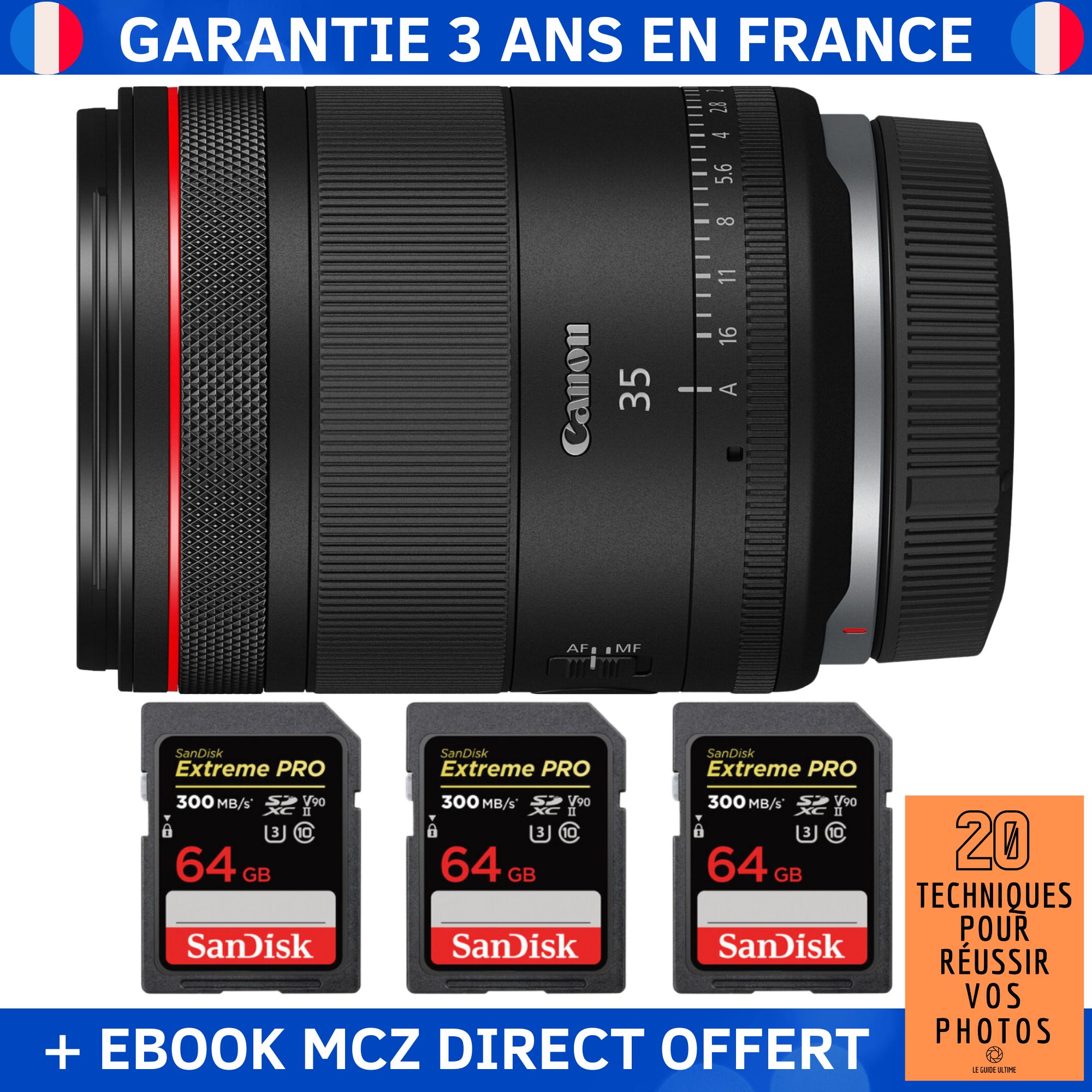 Canon RF 35mm f/1.4 L VCM + 3 SanDisk 64GB Extreme PRO UHS-II SDXC 300MB/s + Ebook '20 Techniques pour Réussir vos Photos' - Canon RF Lens