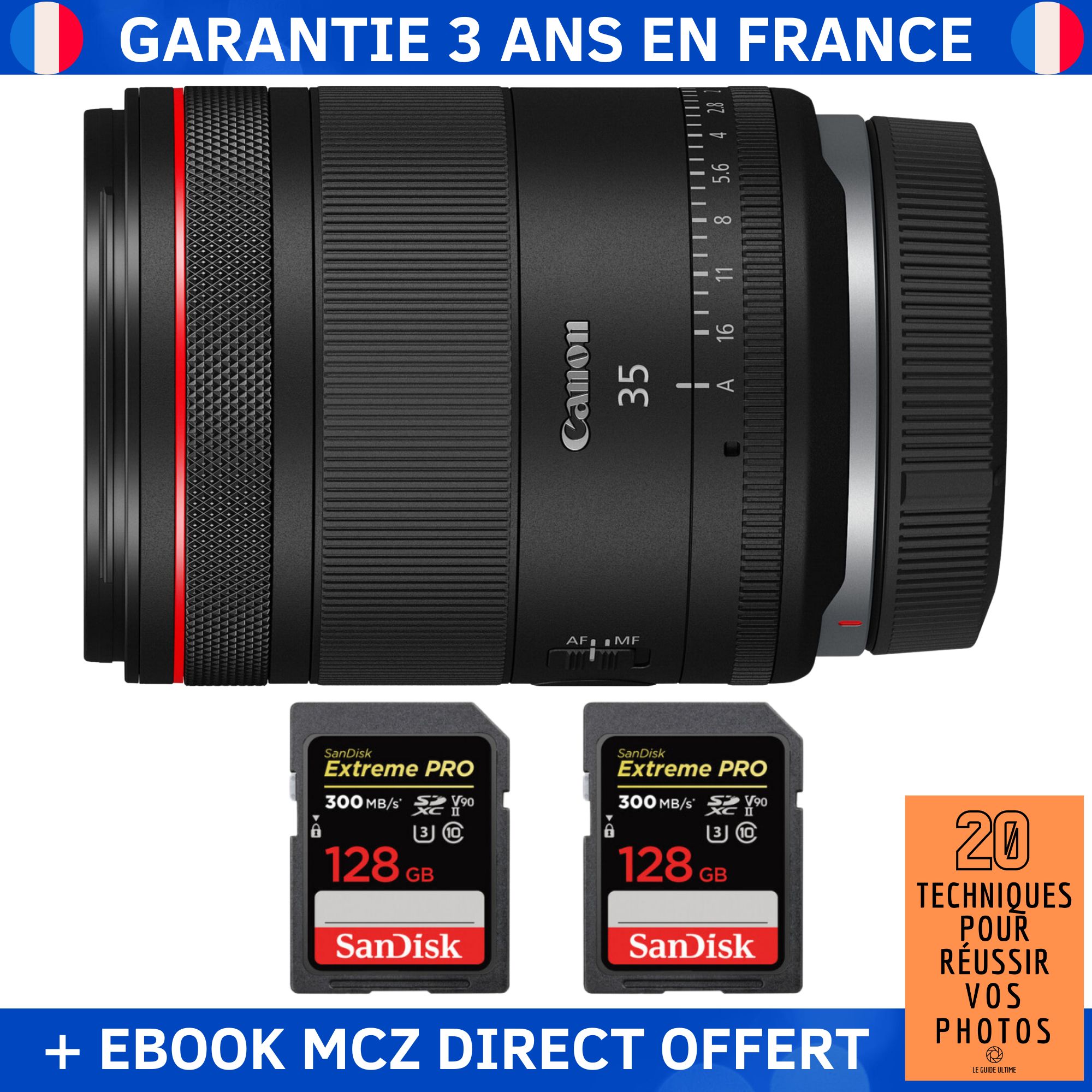 Canon RF 35mm f/1.4 L VCM Lens + 2 SanDisk 128GB Extreme PRO UHS-II SDXC Cards + '20 Techniques pour Réussir vos Photos' Ebook - Canon RF Lens