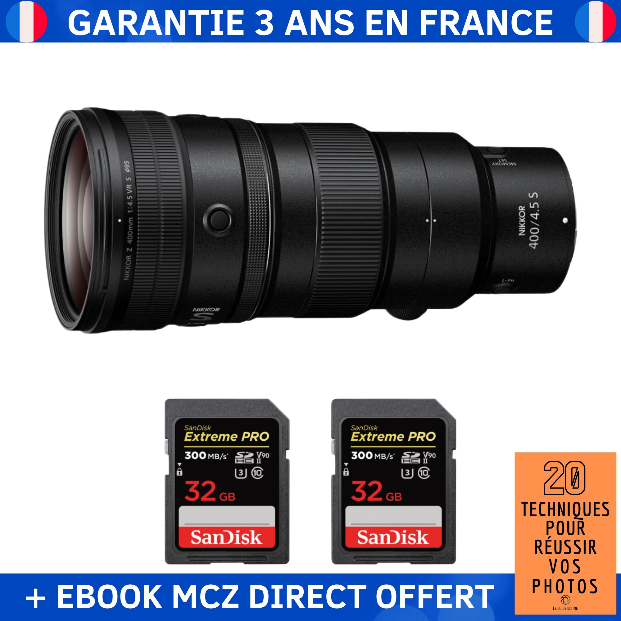 Nikon Z 400mm F4.5 VR S Lens + 2 SanDisk 32GB Extreme PRO UHS-II SDXC Cards + '20 Techniques for Success in Photography' Ebook - Nikon Z Lens