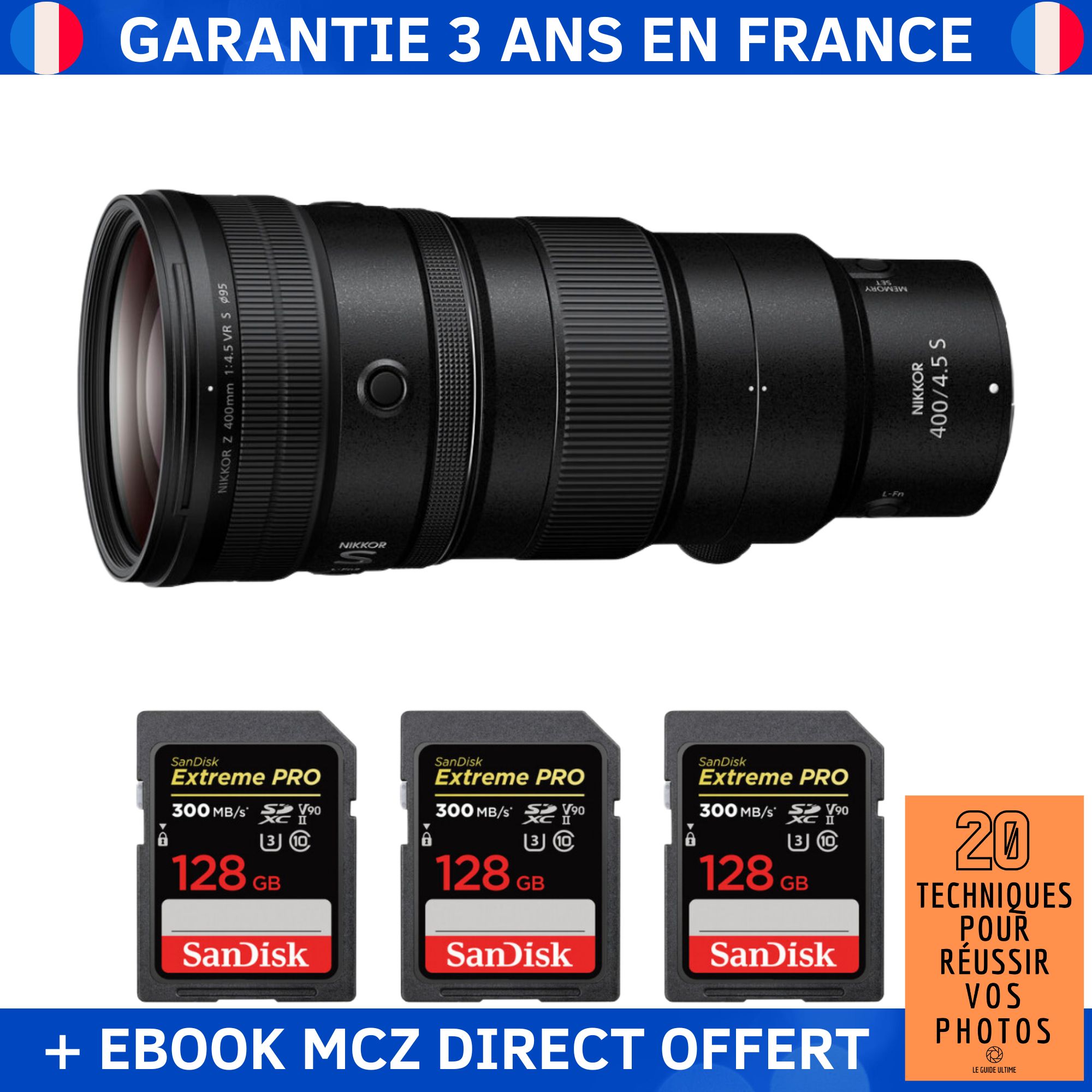 Nikon Z 400mm f/4.5 VR S Lens + 3 SanDisk 128GB Extreme PRO UHS-II SDXC Cards 300MB/s + Ebook '20 Techniques pour Réussir vos Photos' - Nikon Z Lens