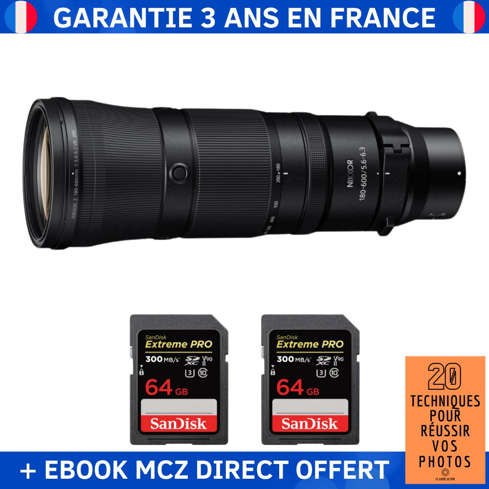 Nikon Z 180-600mm F5.6-6.3 VR Lens + 2 SanDisk 64GB Extreme PRO UHS-II SDXC 300MB/s Cards + '20 Techniques for Success in Photography' Ebook - Nikon Z Lens