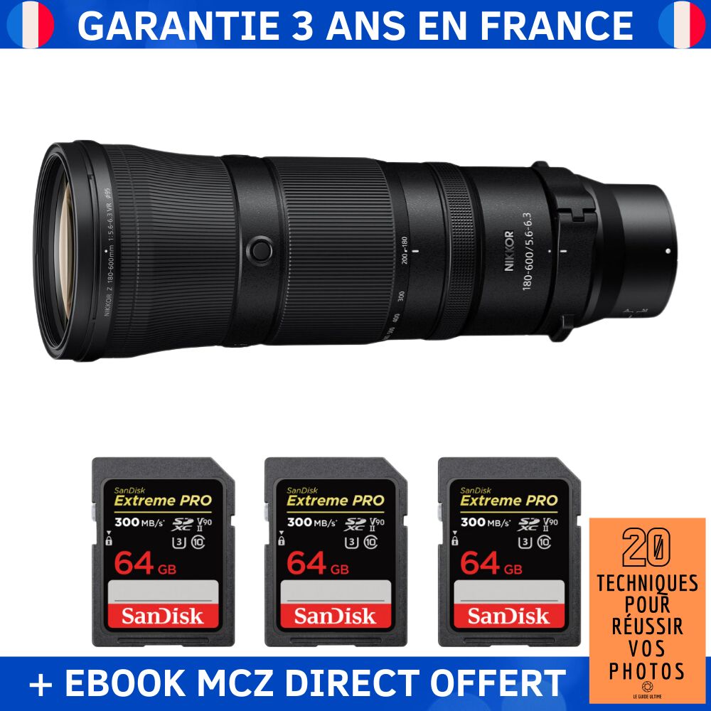 Nikon Z 180-600mm F5.6-6.3 VR Lens + 3 SanDisk 64GB Extreme PRO UHS-II SDXC Cards + '20 Techniques for Successful Photos' Ebook - Nikon Z Lens