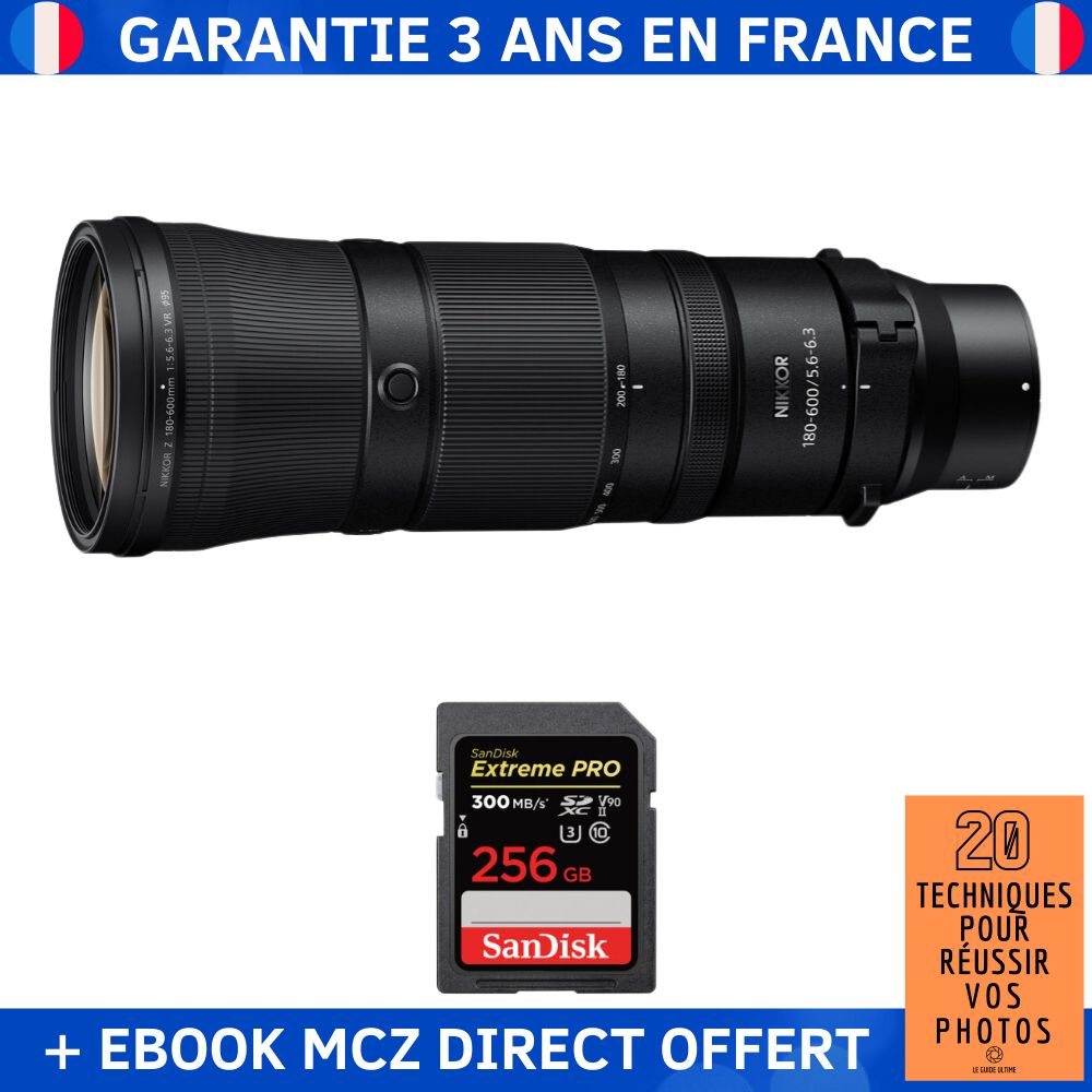 Nikon Z 180-600mm F5.6-6.3 VR Lens + 1 SanDisk 256GB Extreme PRO UHS-II SDXC Card + '20 Techniques for Successful Photos' Ebook - Nikon Z Lens
