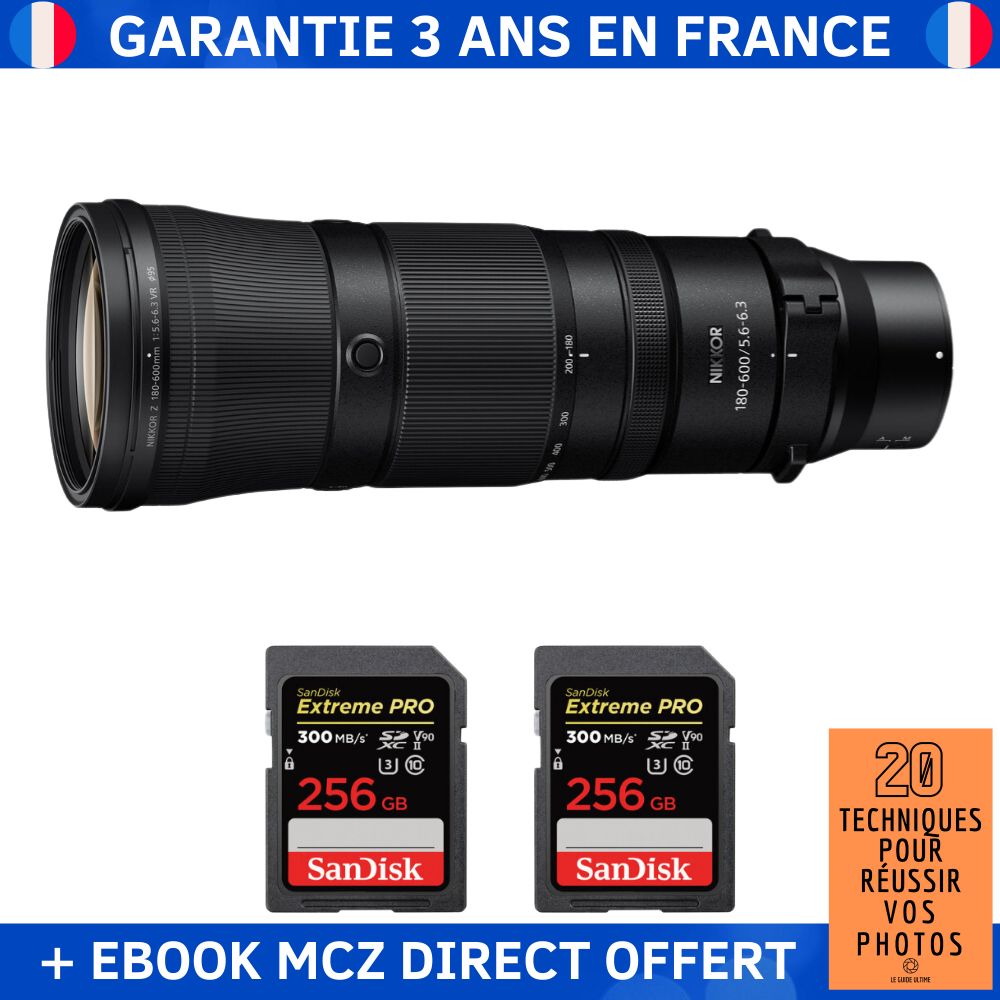 Nikon Z 180-600mm F5.6-6.3 VR Lens + 2 SanDisk 256GB Extreme PRO UHS-II SDXC Cards + '20 Techniques for Successful Photos' Ebook - Nikon Z Lens