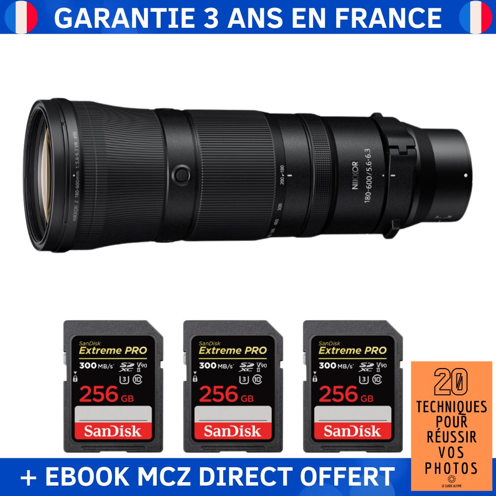 Nikon Z 180-600mm F5.6-6.3 VR Lens + 3 SanDisk 256GB Extreme PRO UHS-II SDXC Cards + '20 Techniques pour Réussir vos Photos' Ebook - Nikon Z Lens