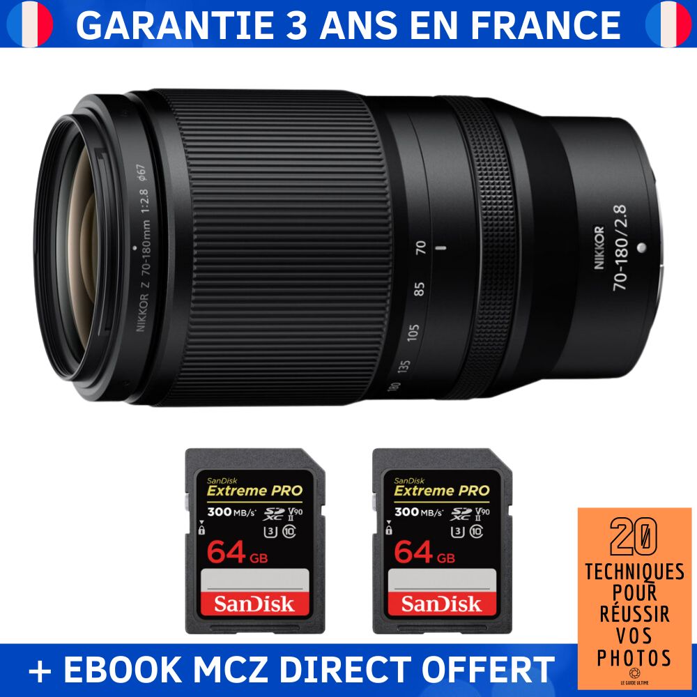 Nikon Z 70-180mm f/2.8 Lens + 2 SanDisk 64GB Extreme PRO UHS-II SDXC Cards + '20 Techniques pour Réussir vos Photos' Ebook - Nikon Z Lens