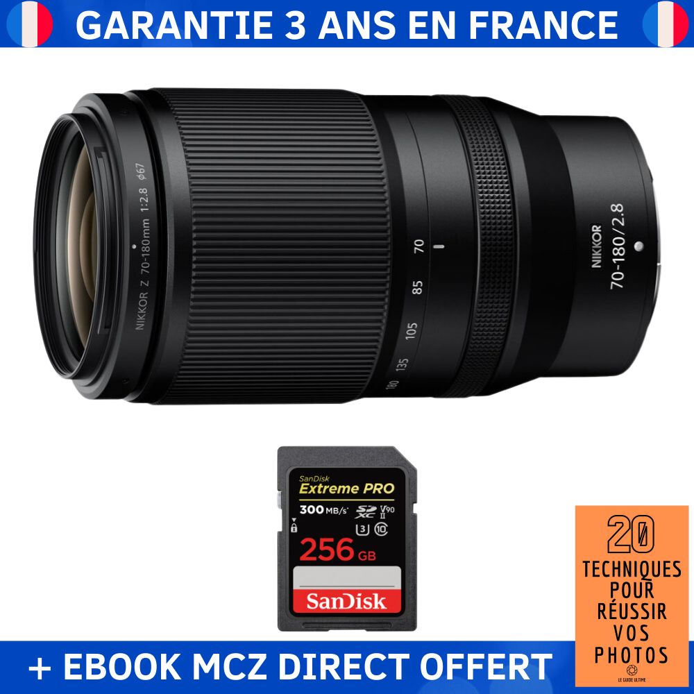 Nikon Z 70-180mm f/2.8 Lens + 1 SanDisk 256GB Extreme PRO UHS-II SDXC Card + '20 Techniques pour Réussir vos Photos' Ebook - Nikon Z Lens