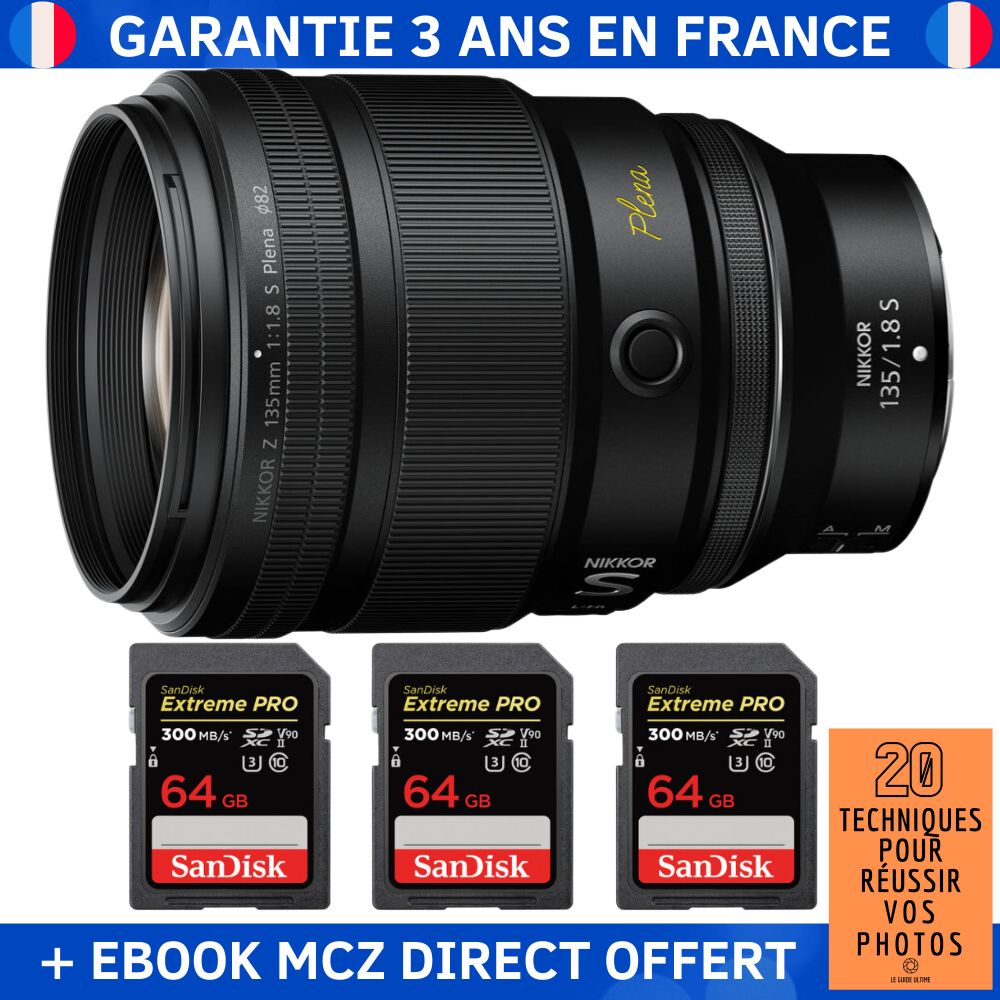 Nikon Z 135mm f/1.8 S Plena Lens + 3 SanDisk 64GB Extreme PRO UHS-II SDXC Cards + '20 Techniques pour Réussir vos Photos' Ebook - Nikon Z Lens