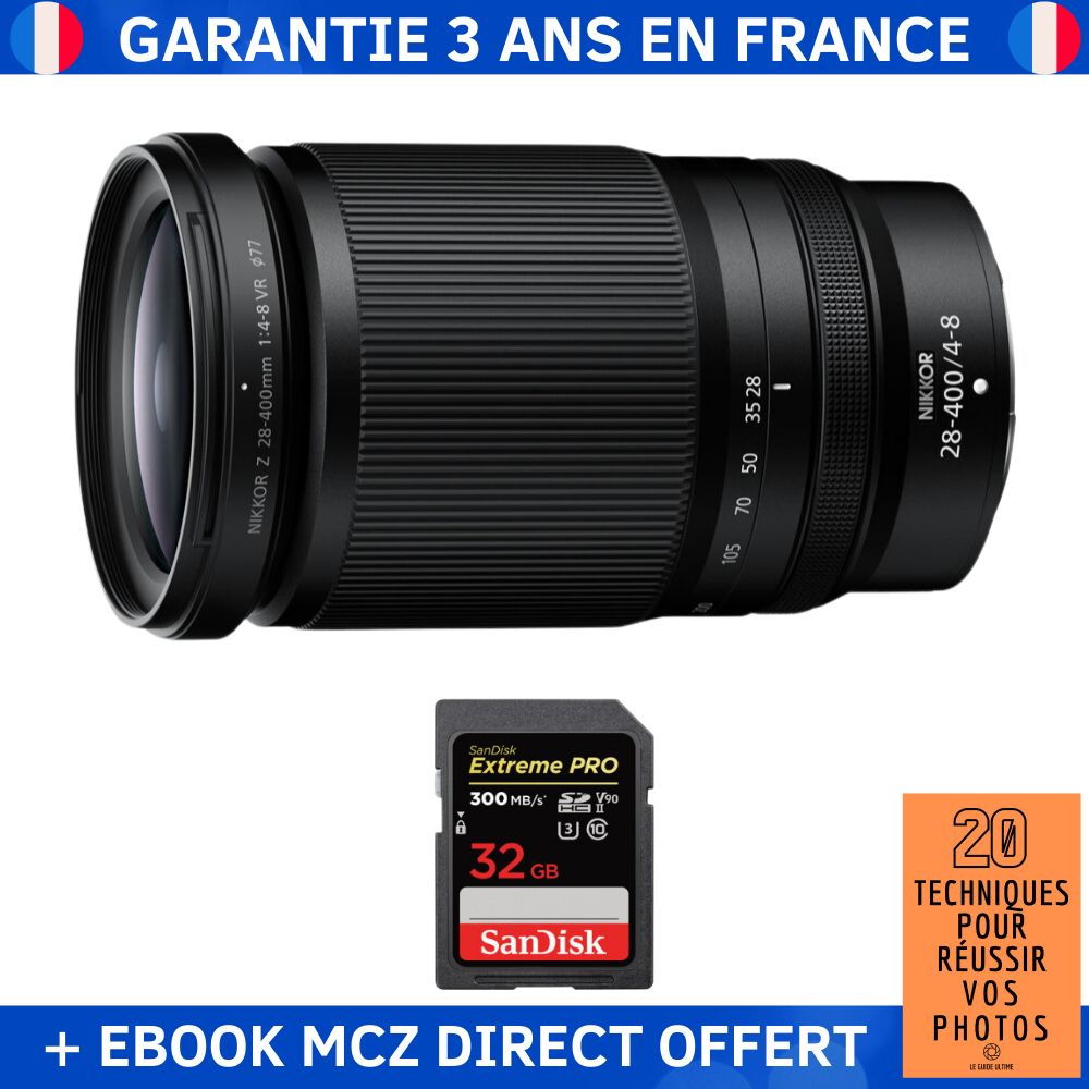 Nikon Z 28-400mm f/4-8 VR Lens + 1 SanDisk 32GB Extreme PRO UHS-II SDXC Card + '20 Techniques pour Réussir vos Photos' Ebook - Nikon Z Lens