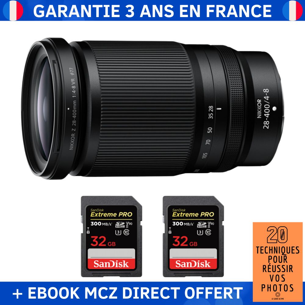 Nikon Z 28-400mm f/4-8 VR Lens + 2 SanDisk 32GB Extreme PRO UHS-II SDXC Cards + '20 Techniques pour Réussir vos Photos' Ebook - Nikon Z Lens