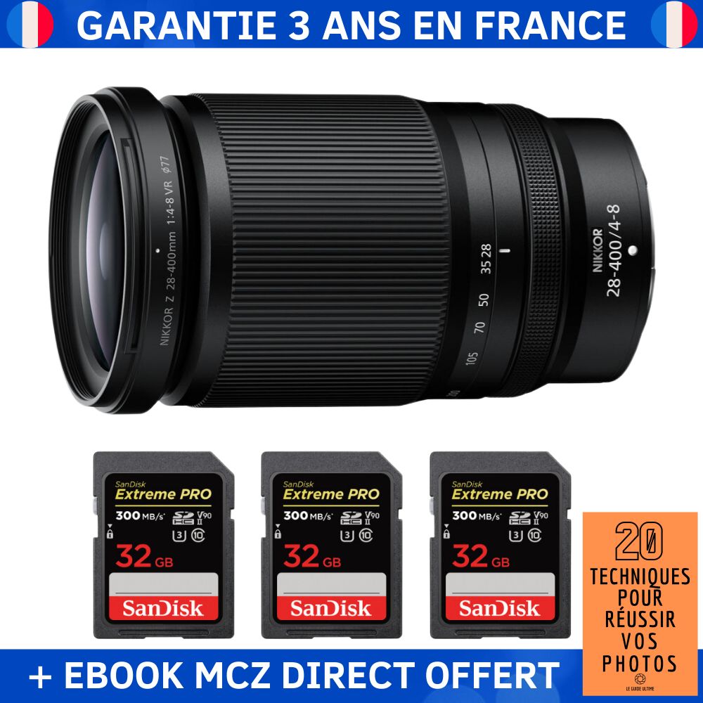 Nikon Z 28-400mm f/4-8 VR Lens + 3 SanDisk 32GB Extreme PRO UHS-II SDXC Cards + Ebook - '20 Techniques pour Réussir vos Photos'