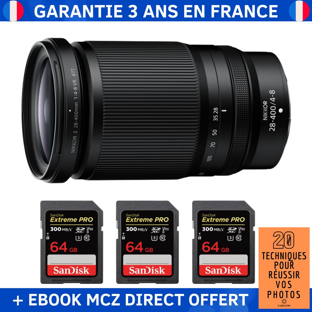 Nikon Z 28-400mm f/4-8 VR Lens + 3 SanDisk 64GB Extreme PRO UHS-II SDXC Cards + '20 Techniques pour Réussir vos Photos' Ebook - Nikon Z Lens